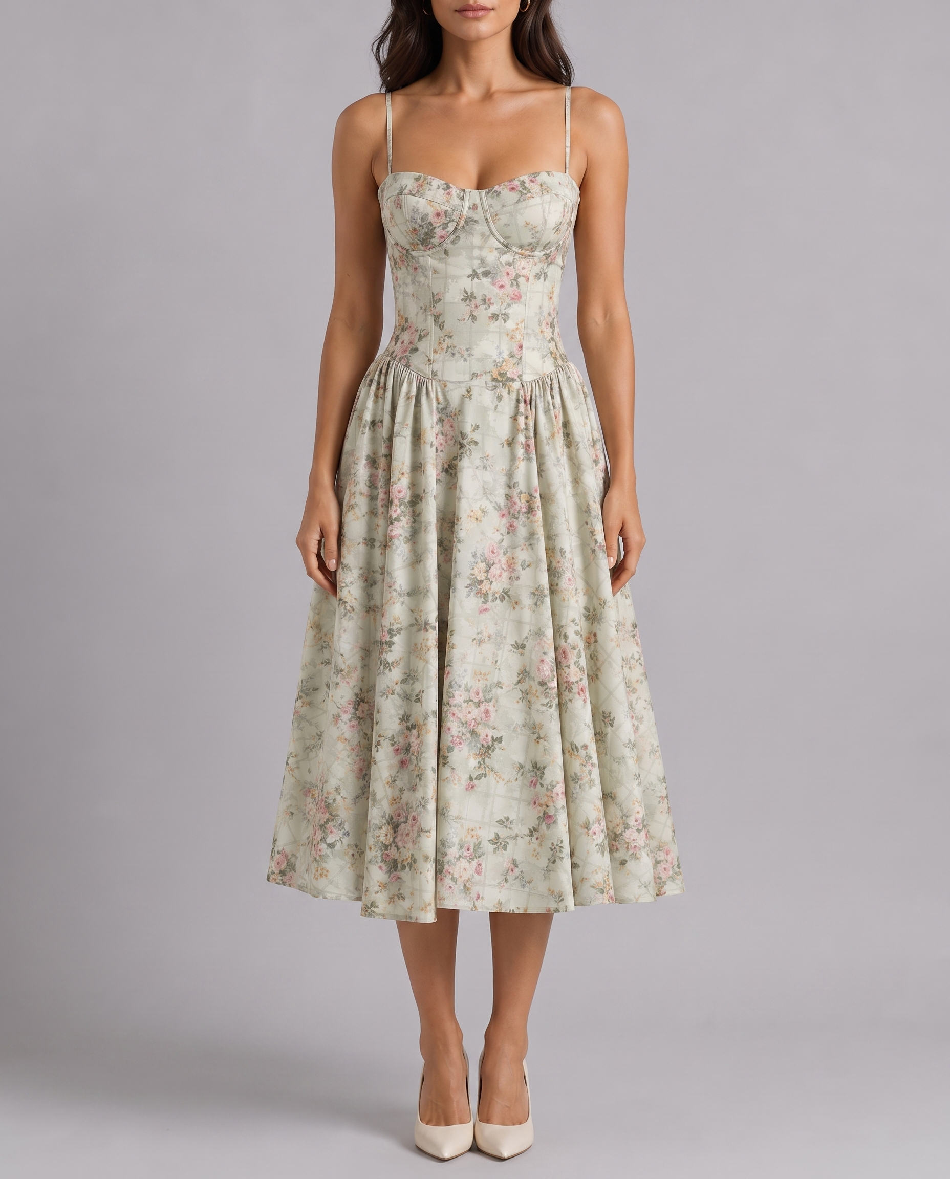 Floral Corset Sweetheart Neck Midi Dress