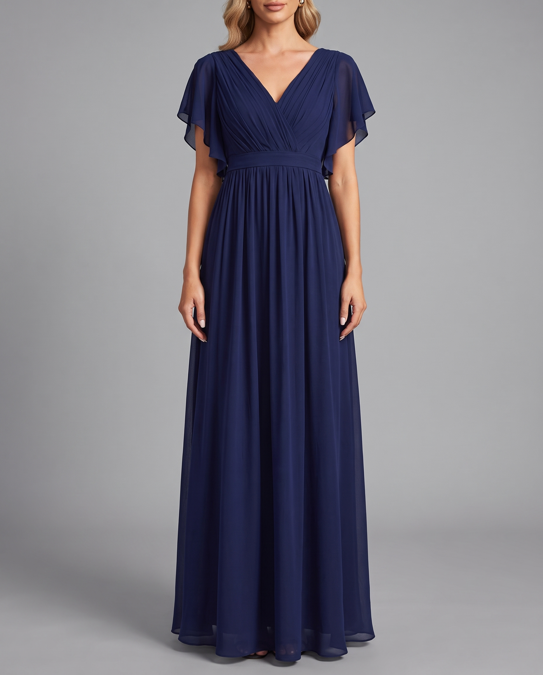 Flutter Sleeve Floor-Length Chiffon Evening Dress