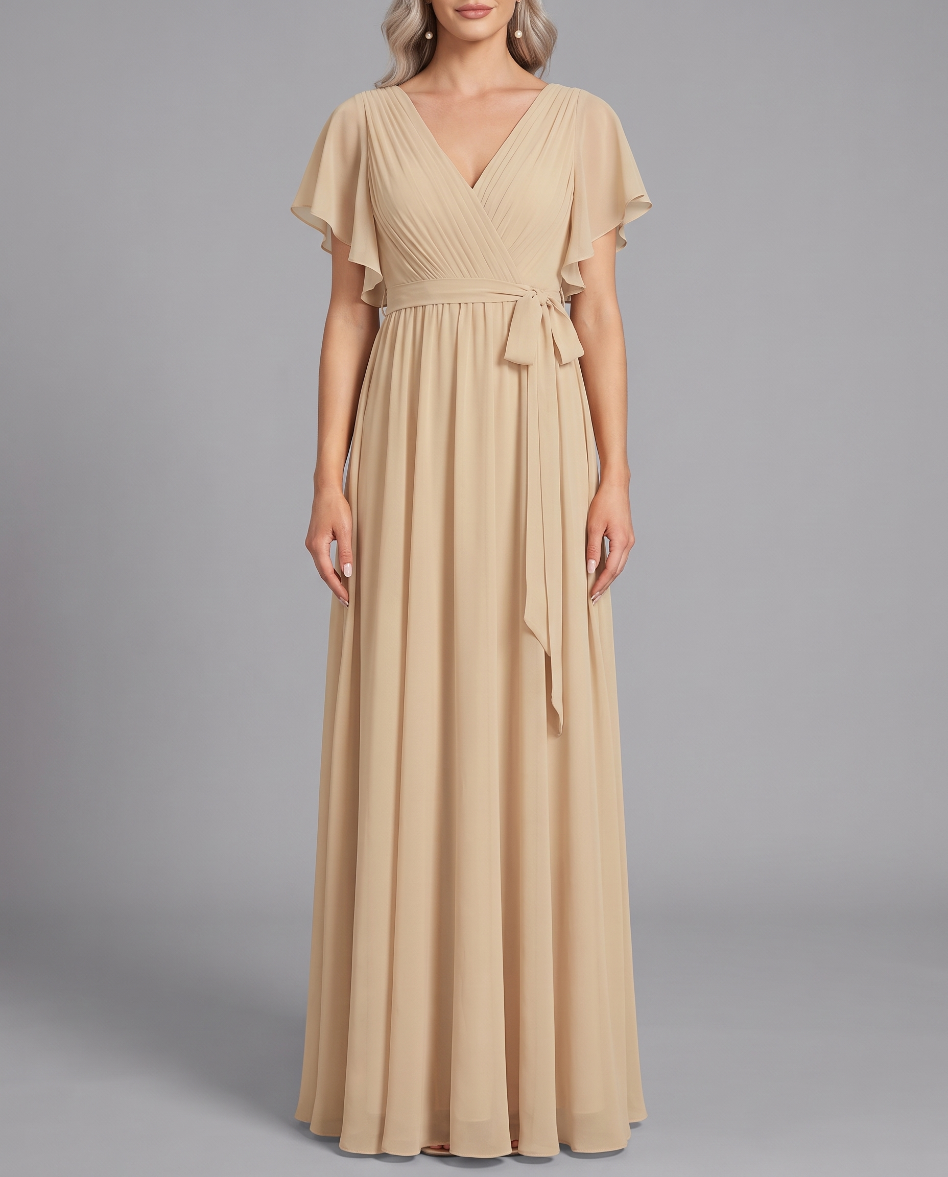 Flutter Sleeve Floor-Length Chiffon Evening Dress
