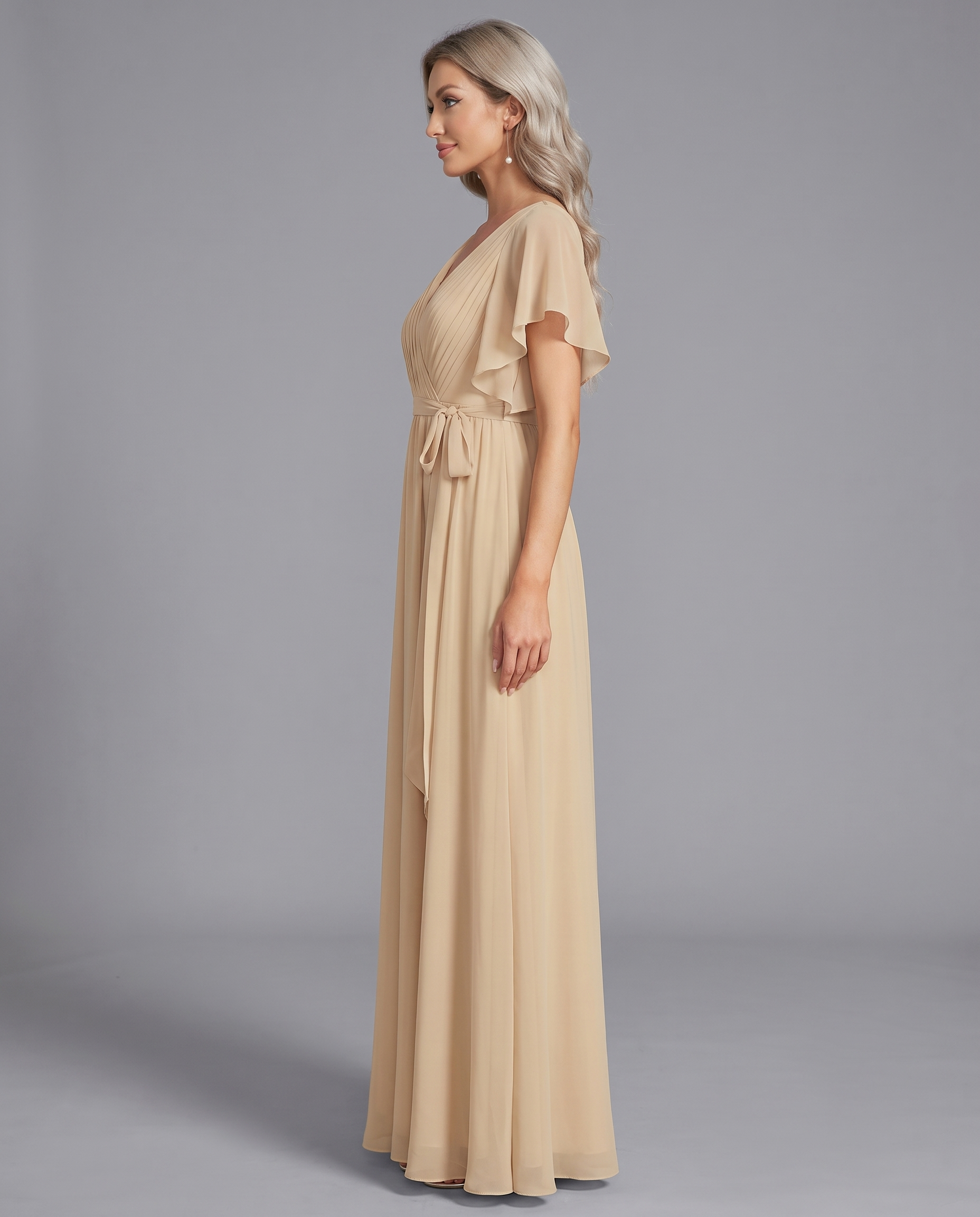 Flutter Sleeve Floor-Length Chiffon Evening Dress