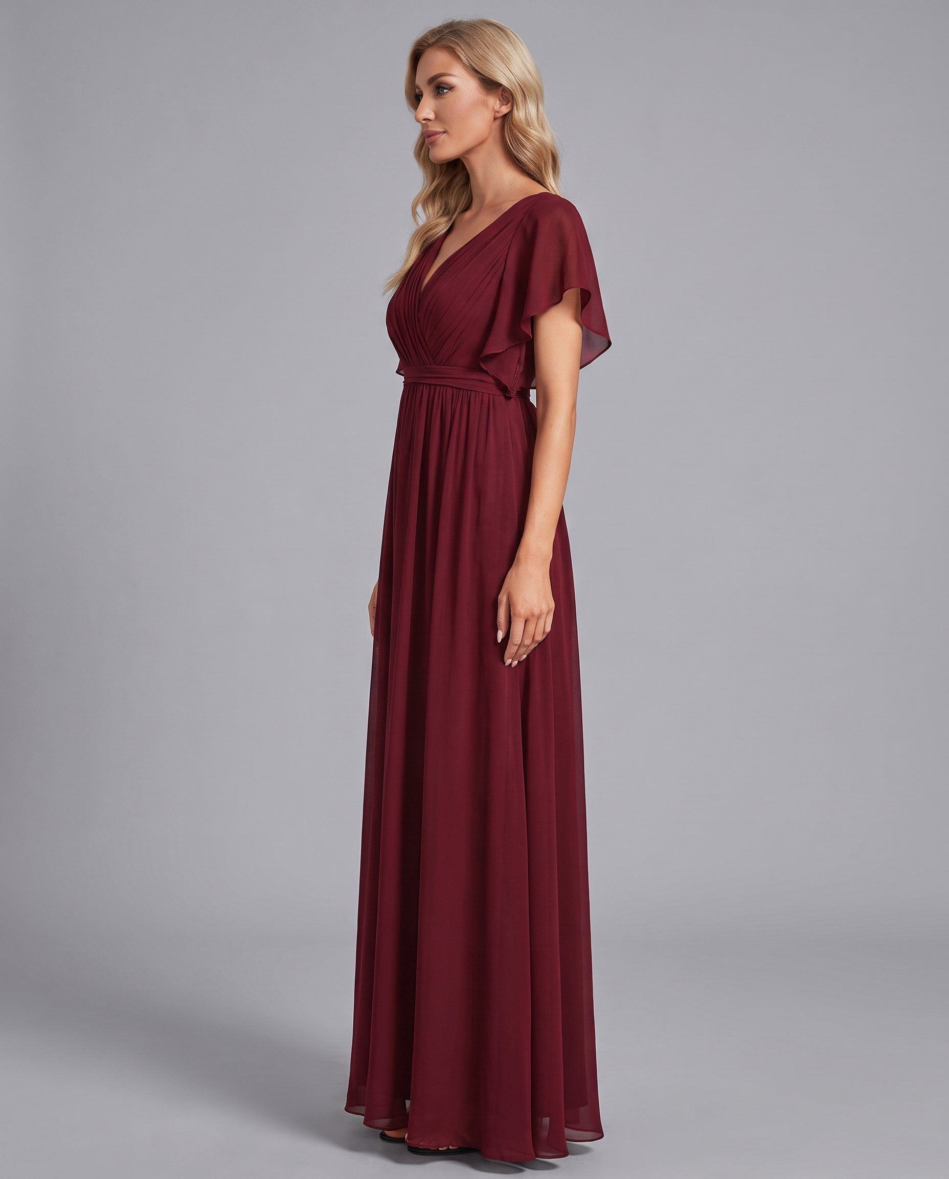 Flutter Sleeve Floor-Length Chiffon Evening Dress
