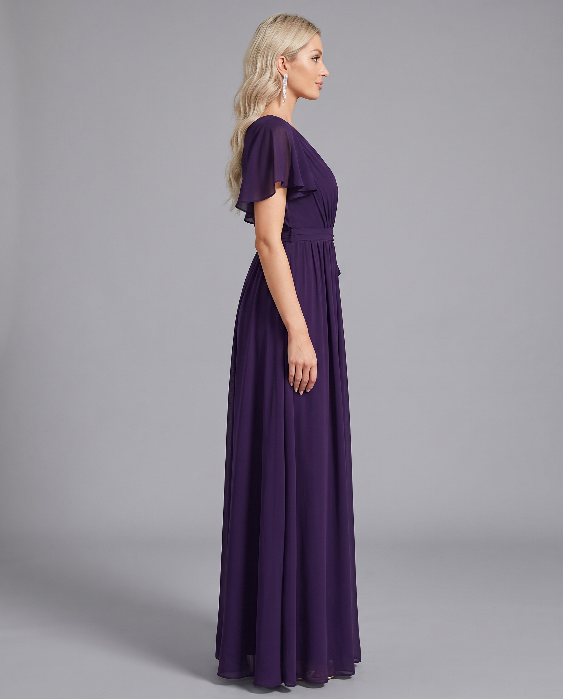 Flutter Sleeve Floor-Length Chiffon Evening Dress