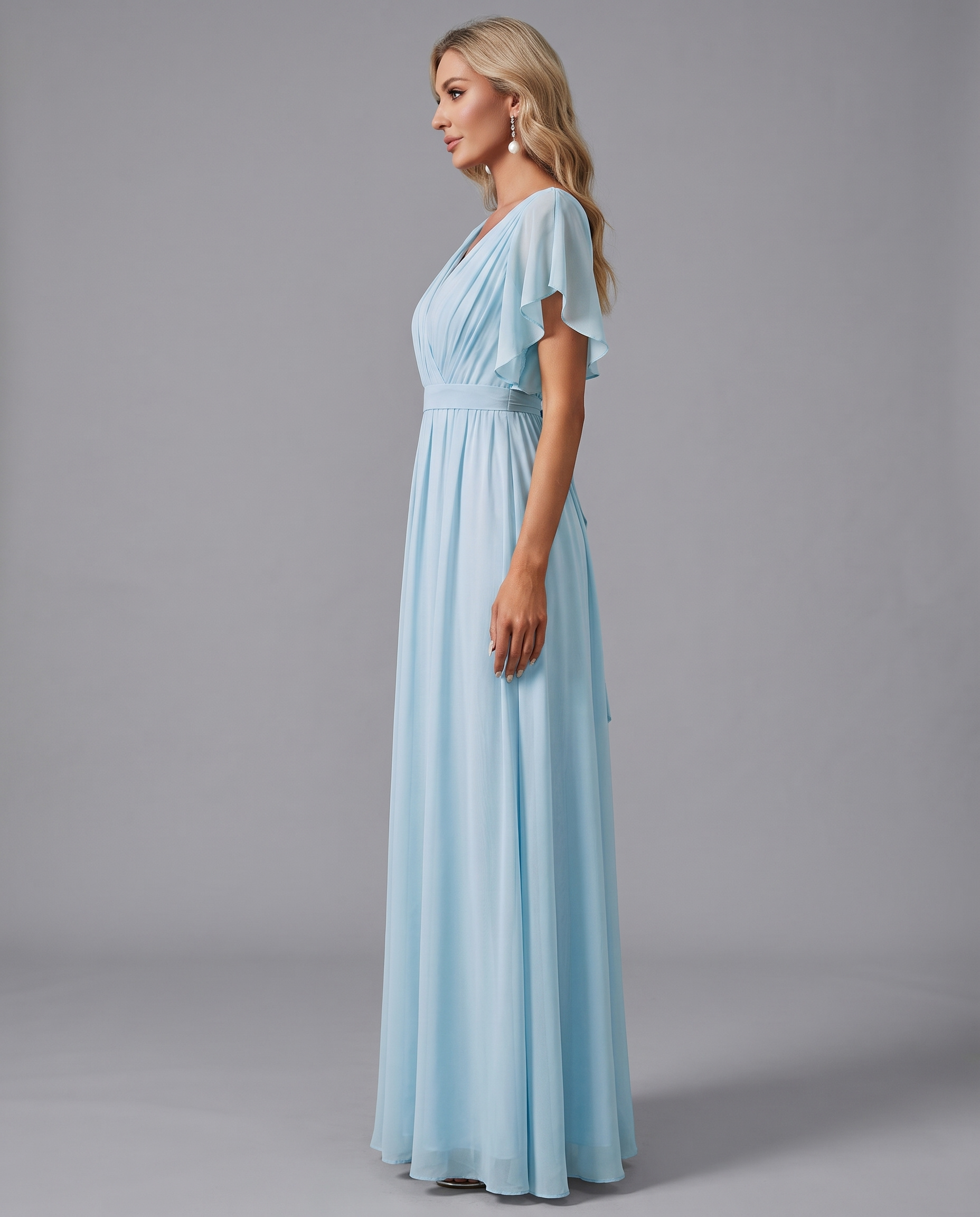 Flutter Sleeve Floor-Length Chiffon Evening Dress