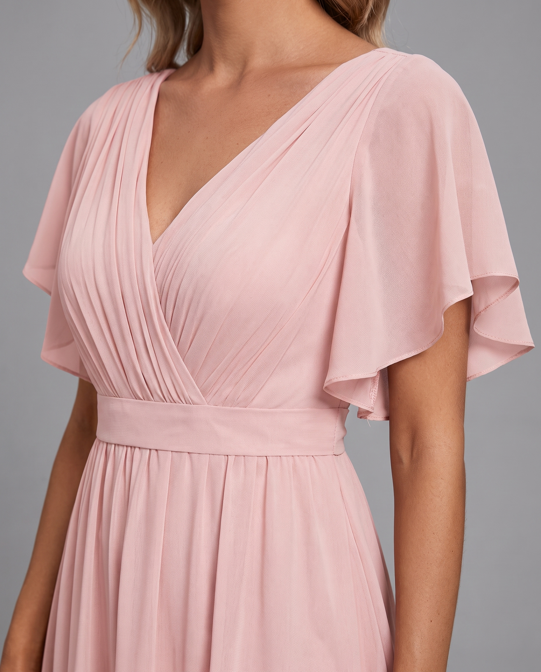 Flutter Sleeve Floor-Length Chiffon Evening Dress