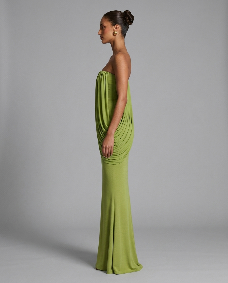Olive Strapless Draped Maxi Dress