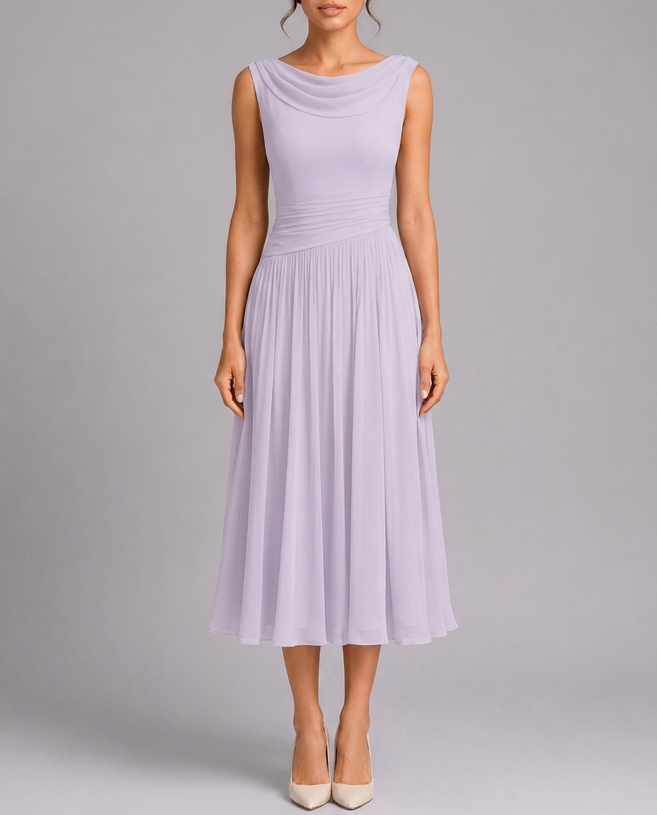 Elegant Pleated Midi Dress with Draped Neckline