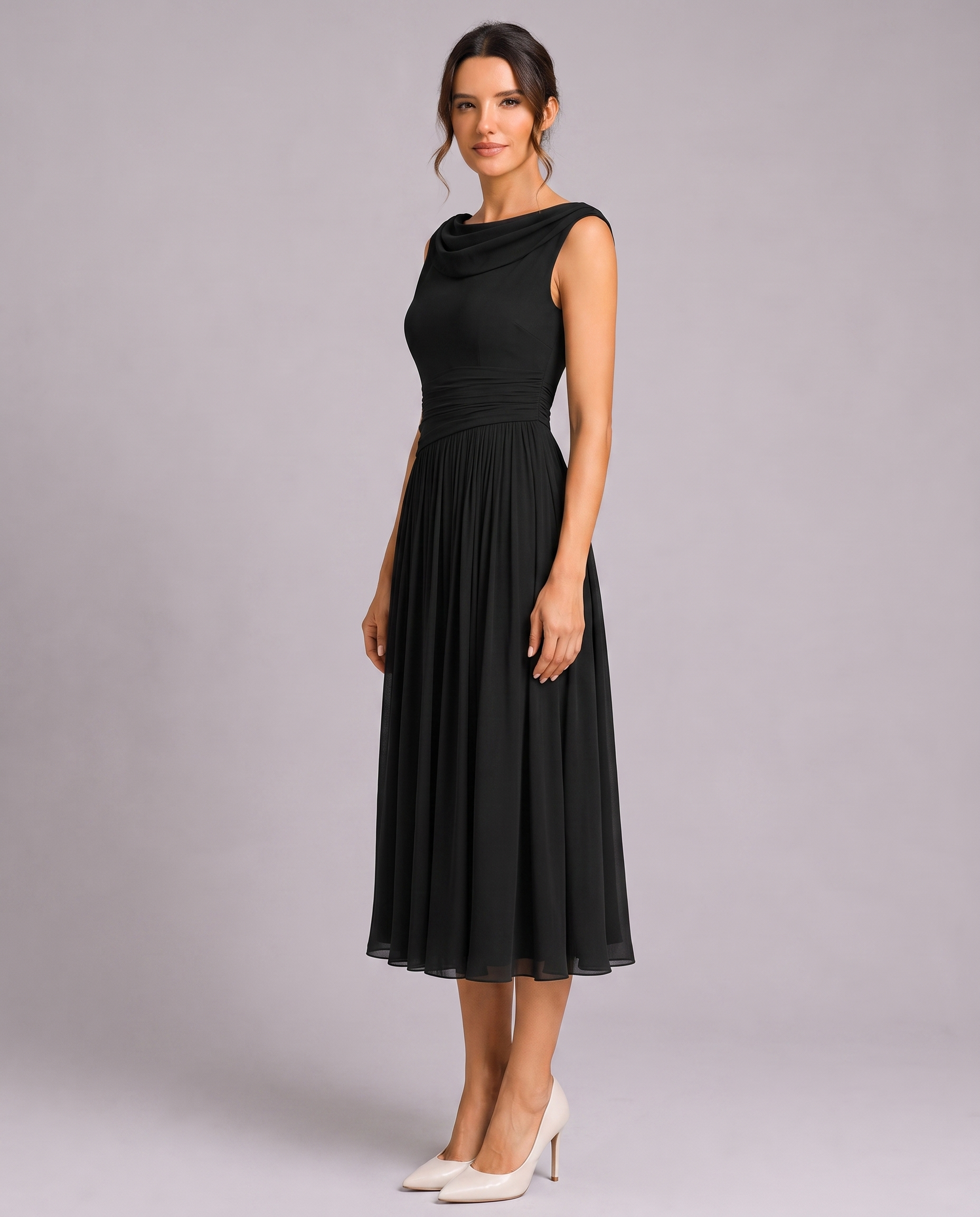 Elegant Pleated Midi Dress with Draped Neckline