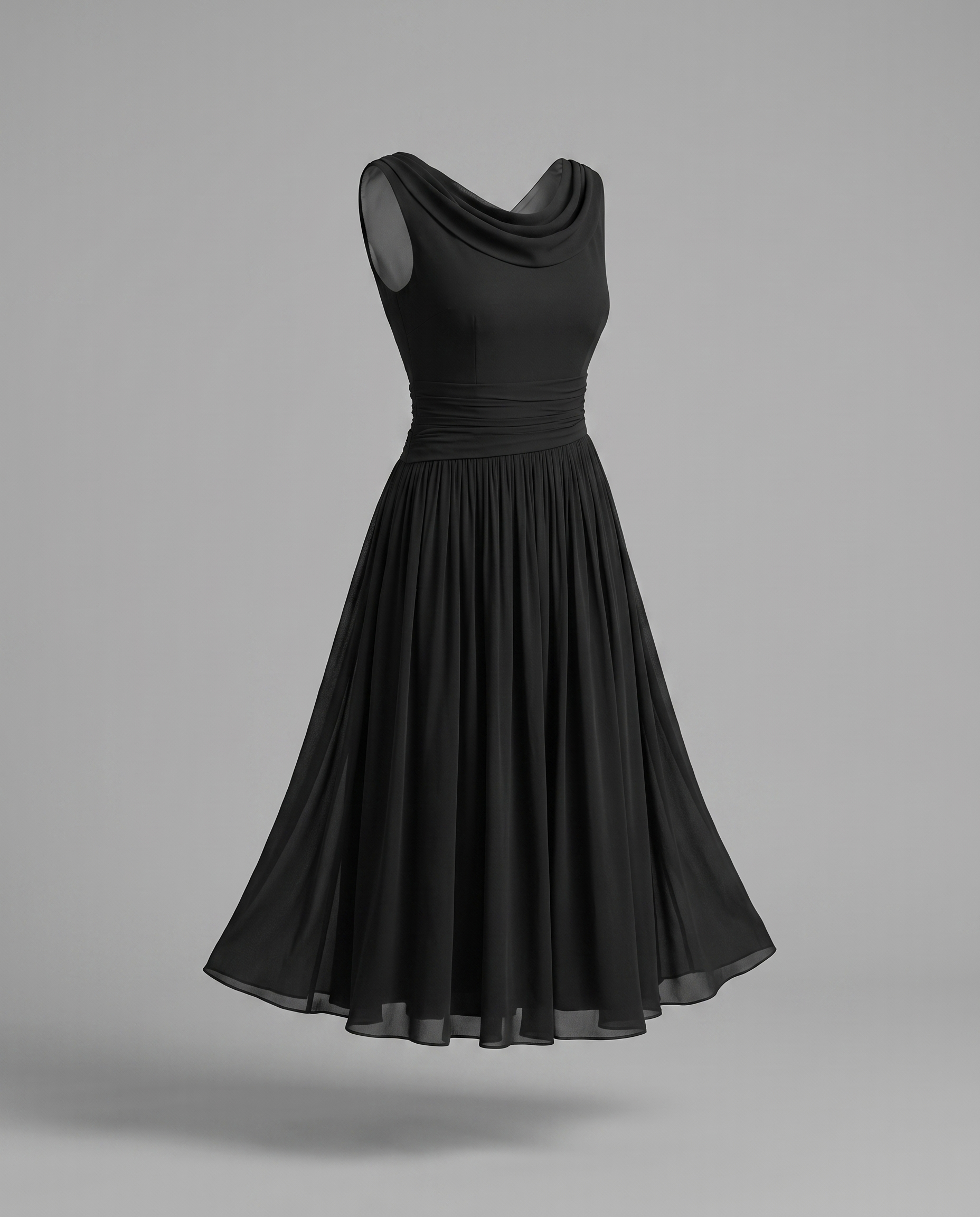 Elegant Pleated Midi Dress with Draped Neckline