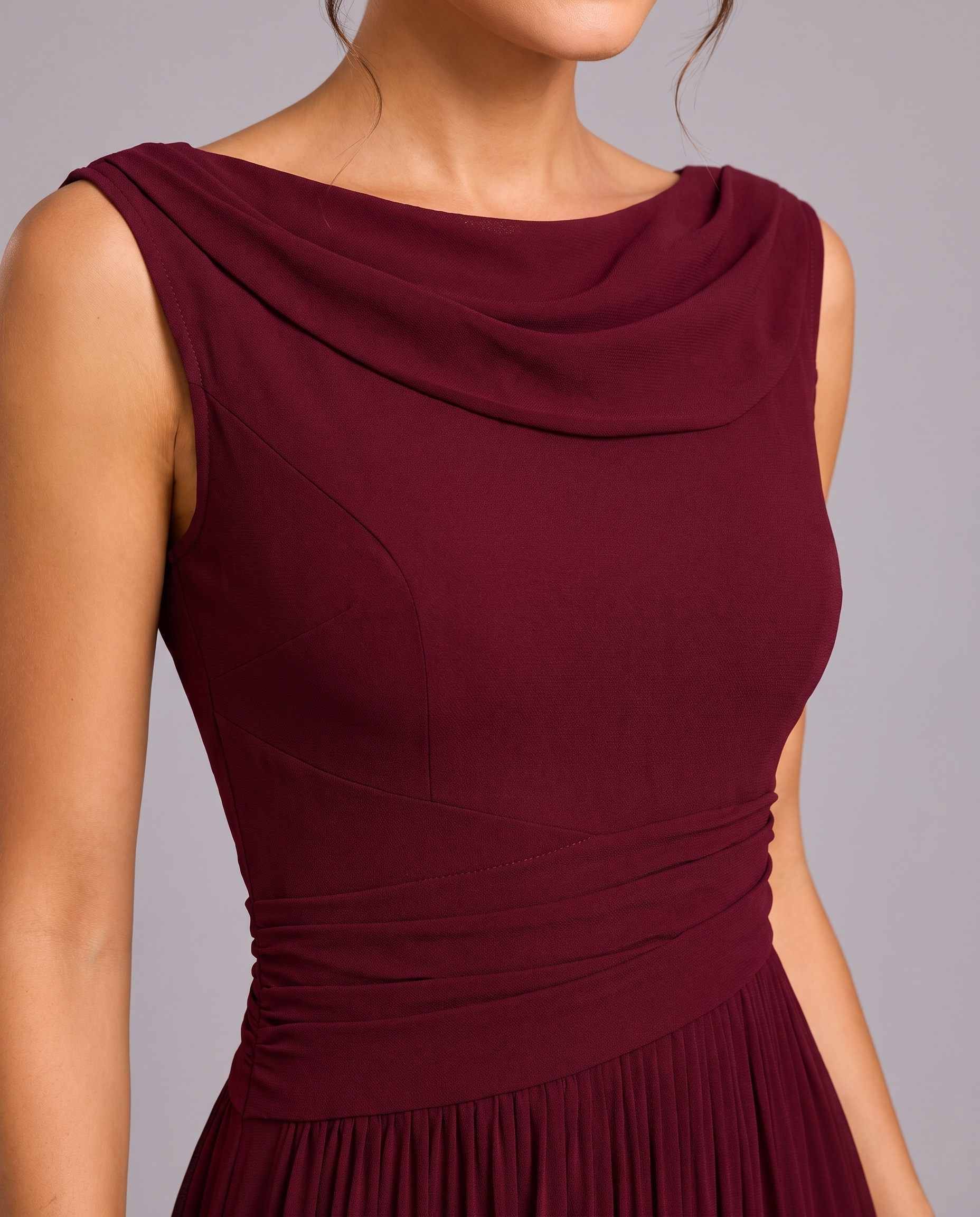 Elegant Pleated Midi Dress with Draped Neckline
