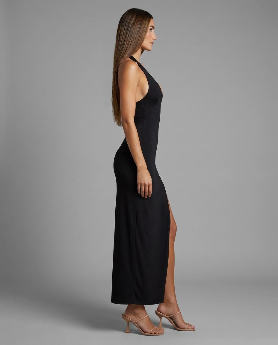 Black Halter-Neck Maxi Dress with Thigh Split