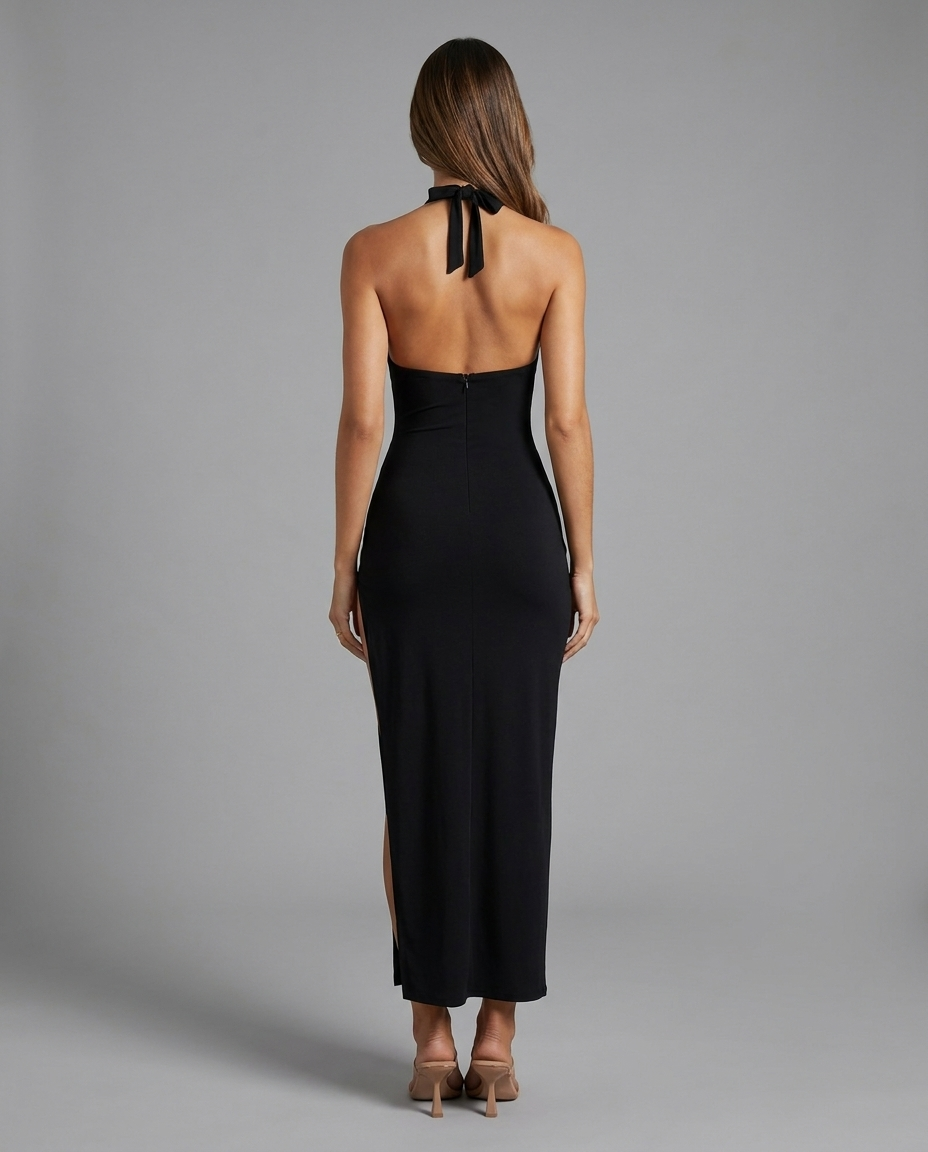 Black Halter-Neck Maxi Dress with Thigh Split