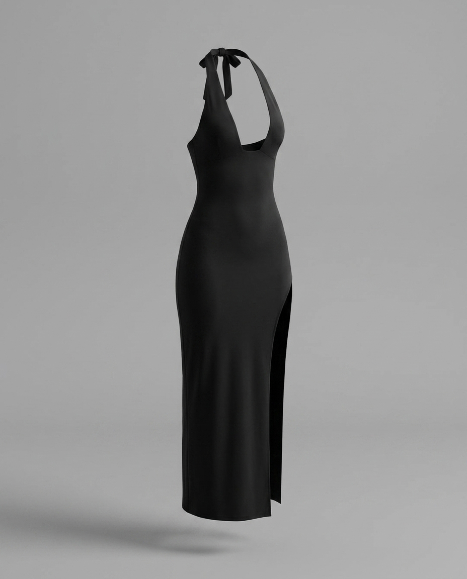Black Halter-Neck Maxi Dress with Thigh Split