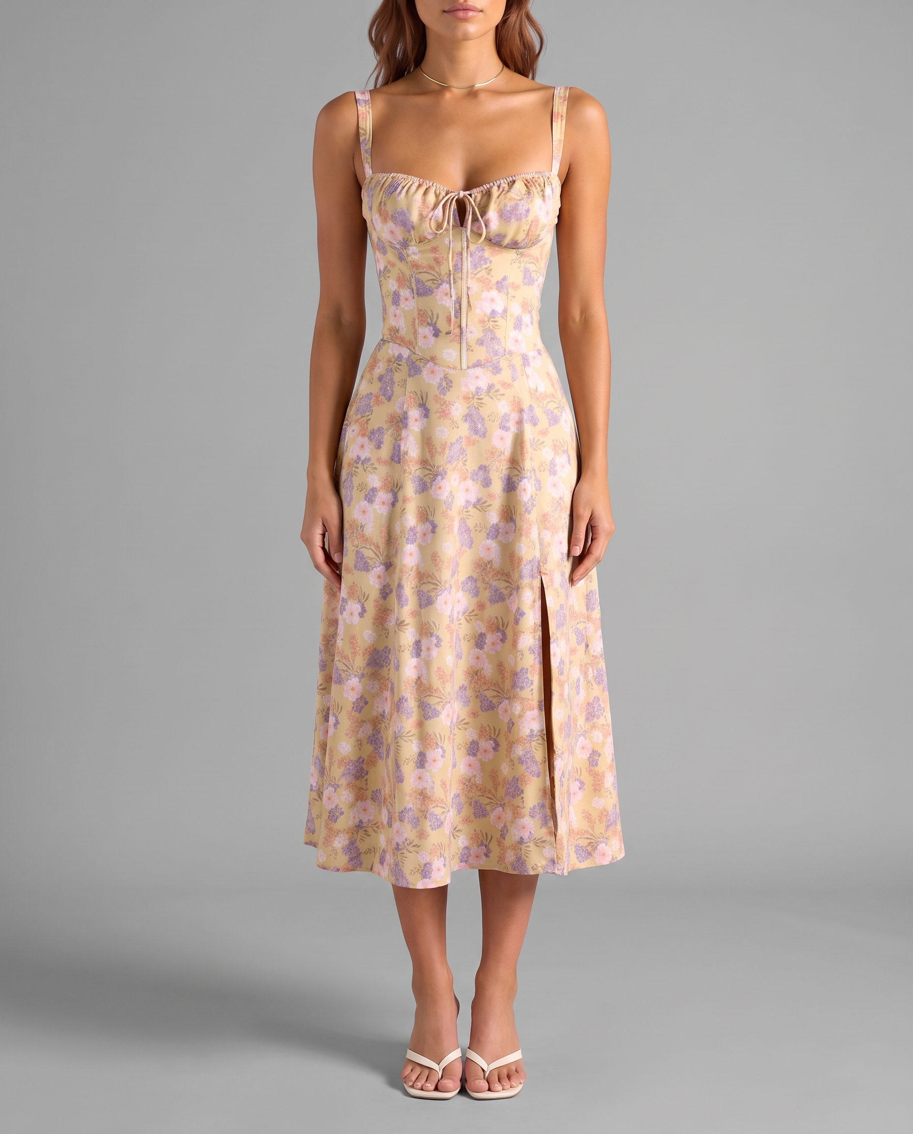 Floral Corset Midi Dress with Side Slit