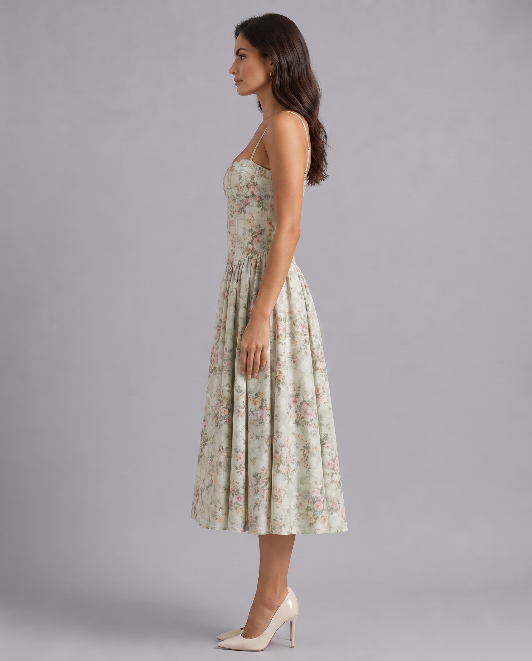 Floral Corset Sweetheart Neck Midi Dress