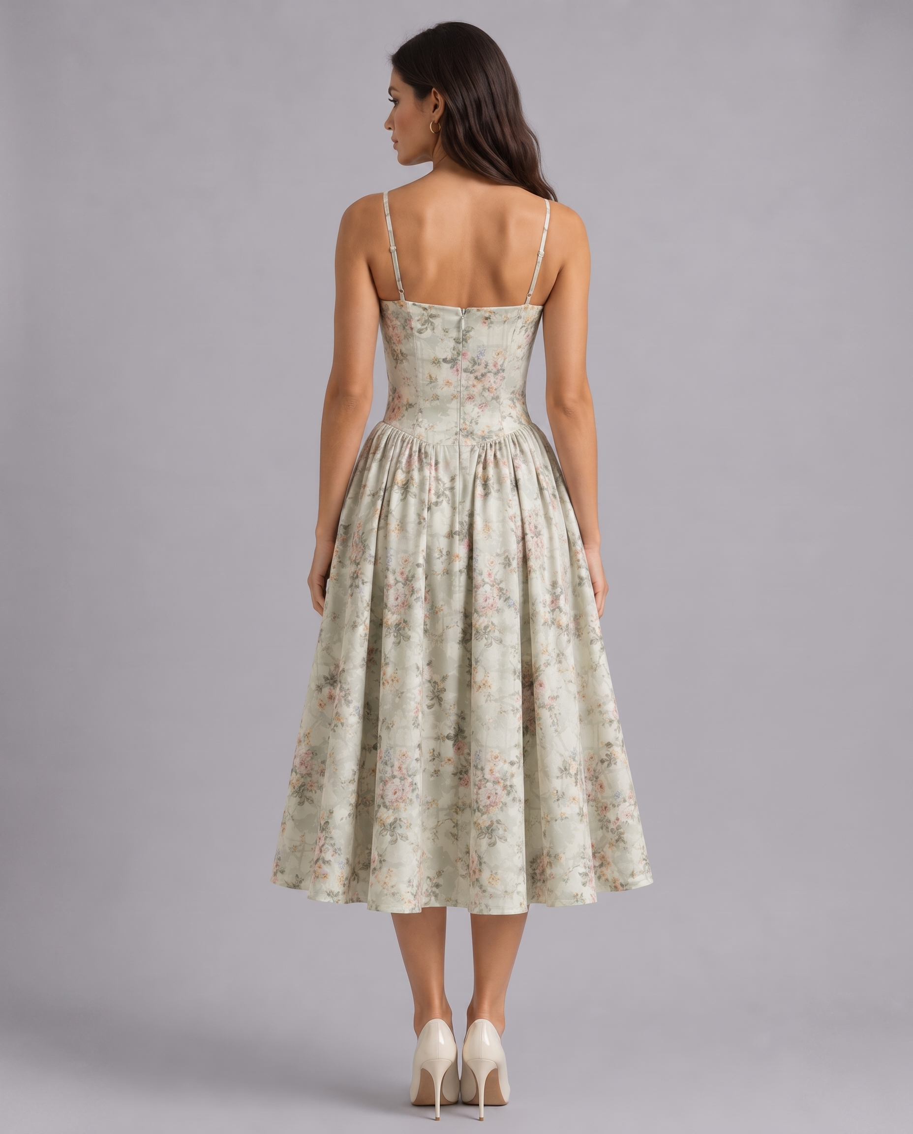 Floral Corset Sweetheart Neck Midi Dress