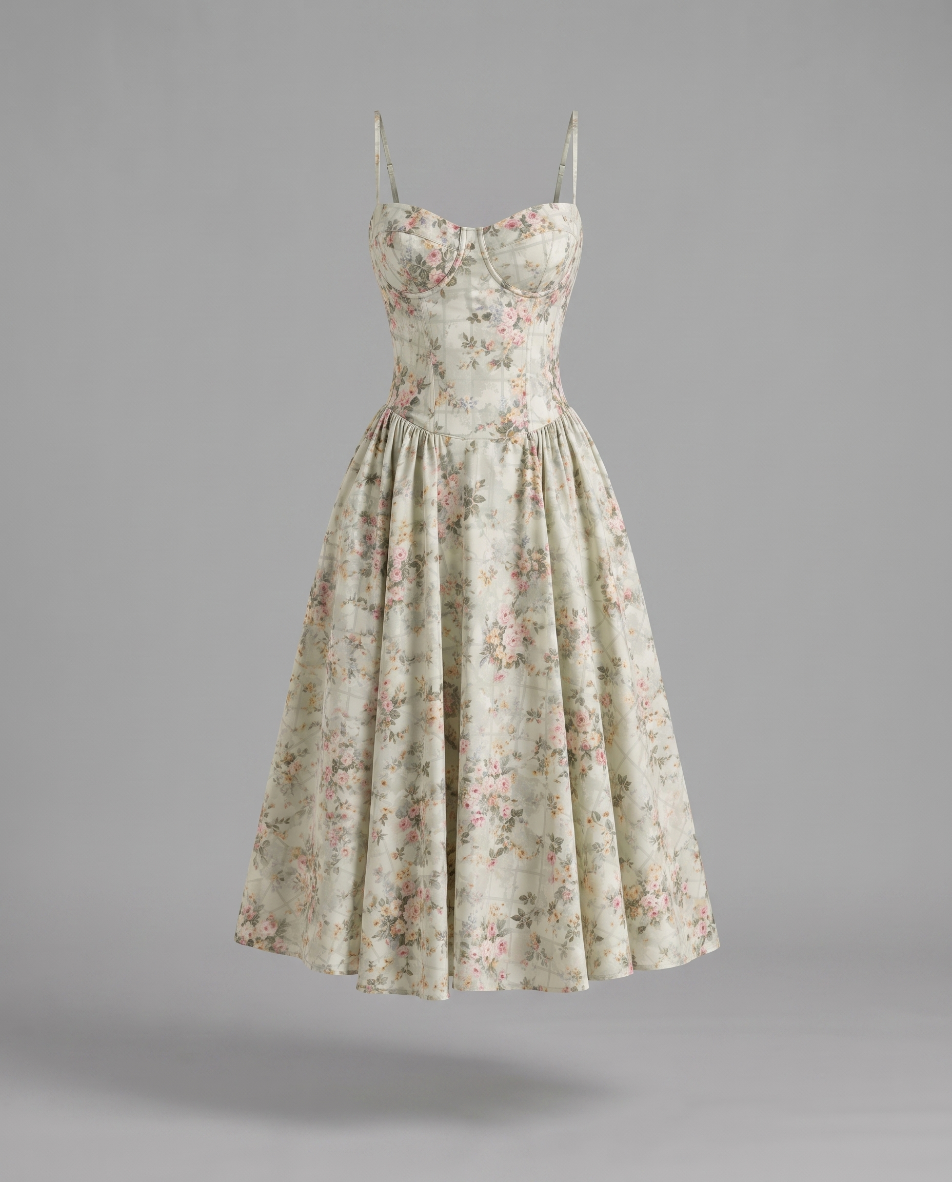 Floral Corset Sweetheart Neck Midi Dress