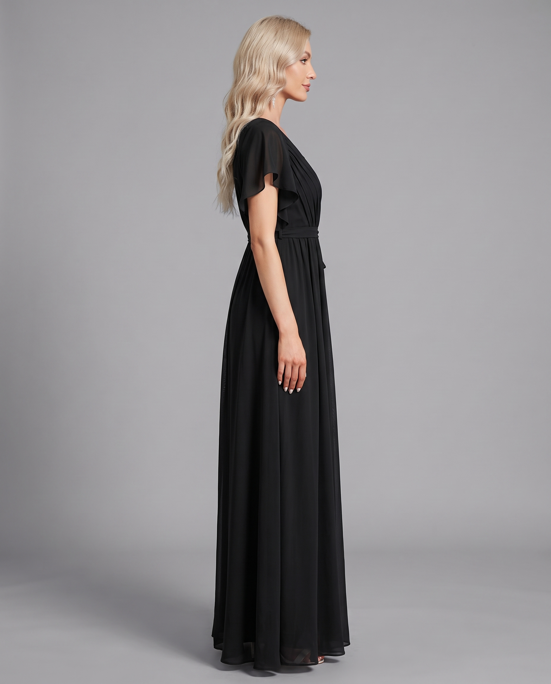 Flutter Sleeve Floor-Length Chiffon Evening Dress