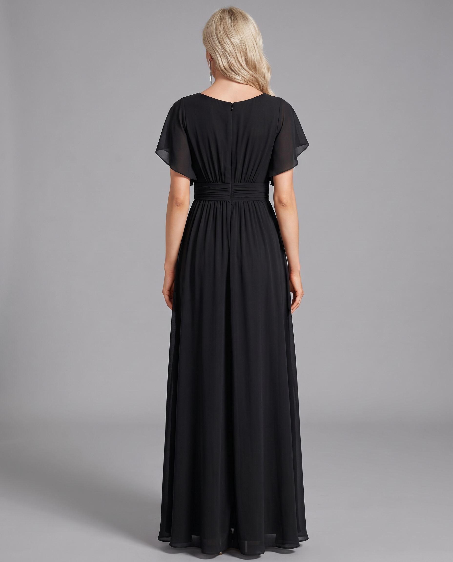 Flutter Sleeve Floor-Length Chiffon Evening Dress