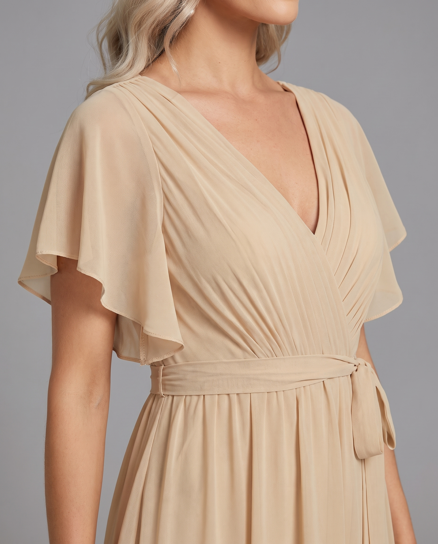 Flutter Sleeve Floor-Length Chiffon Evening Dress