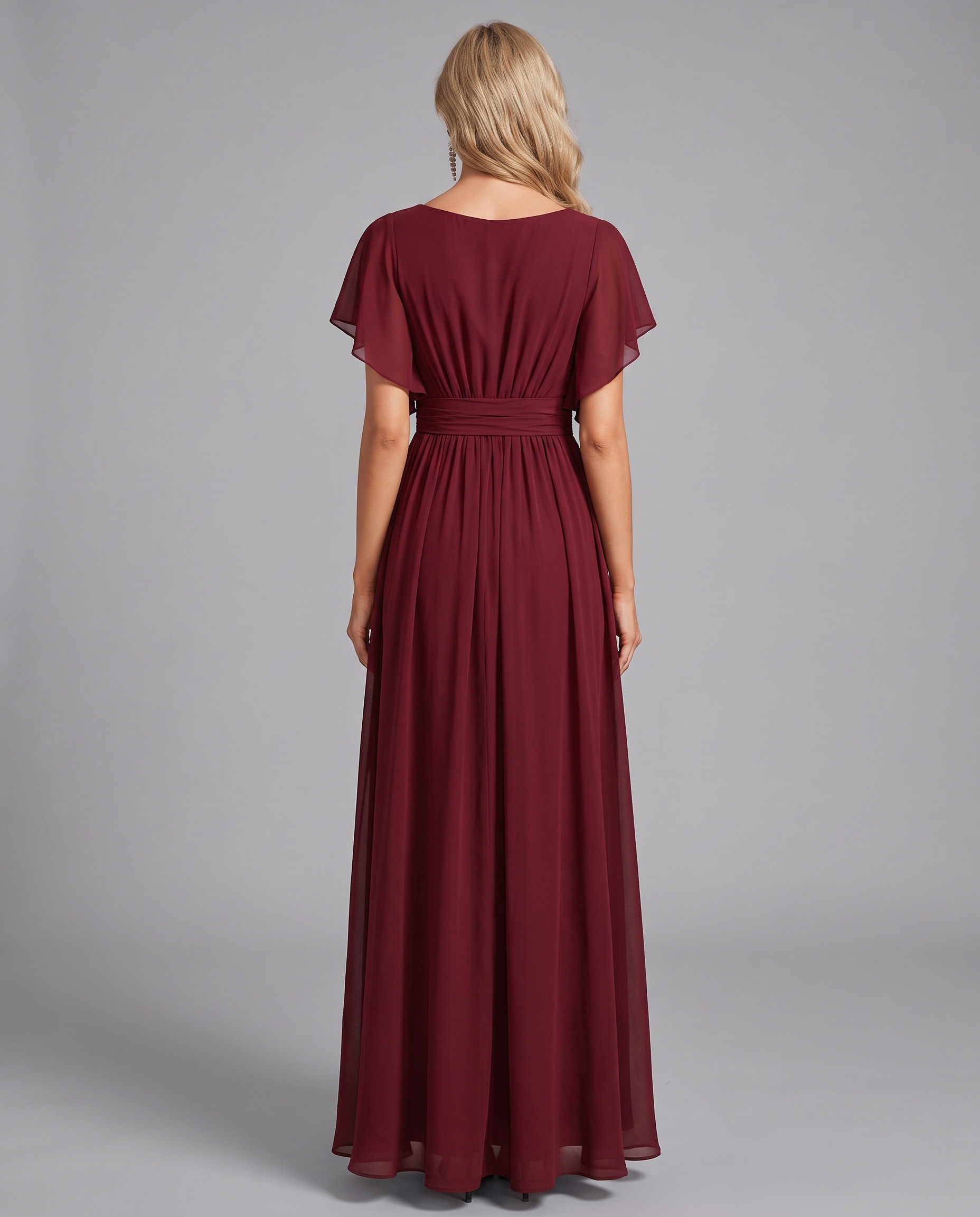 Flutter Sleeve Floor-Length Chiffon Evening Dress