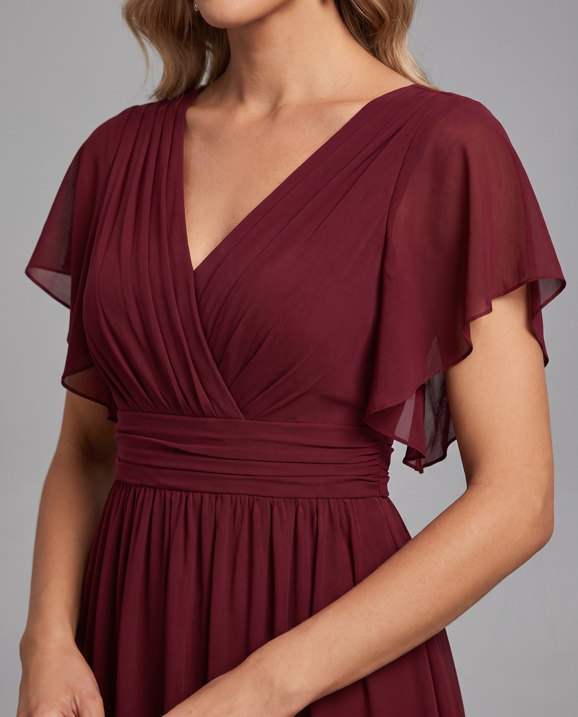 Flutter Sleeve Floor-Length Chiffon Evening Dress