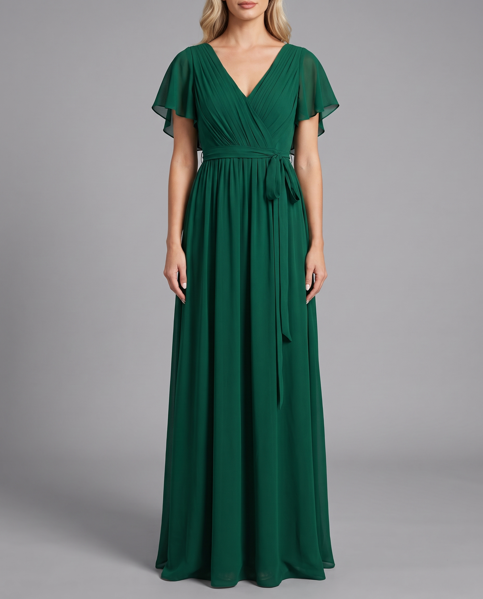 Flutter Sleeve Floor-Length Chiffon Evening Dress