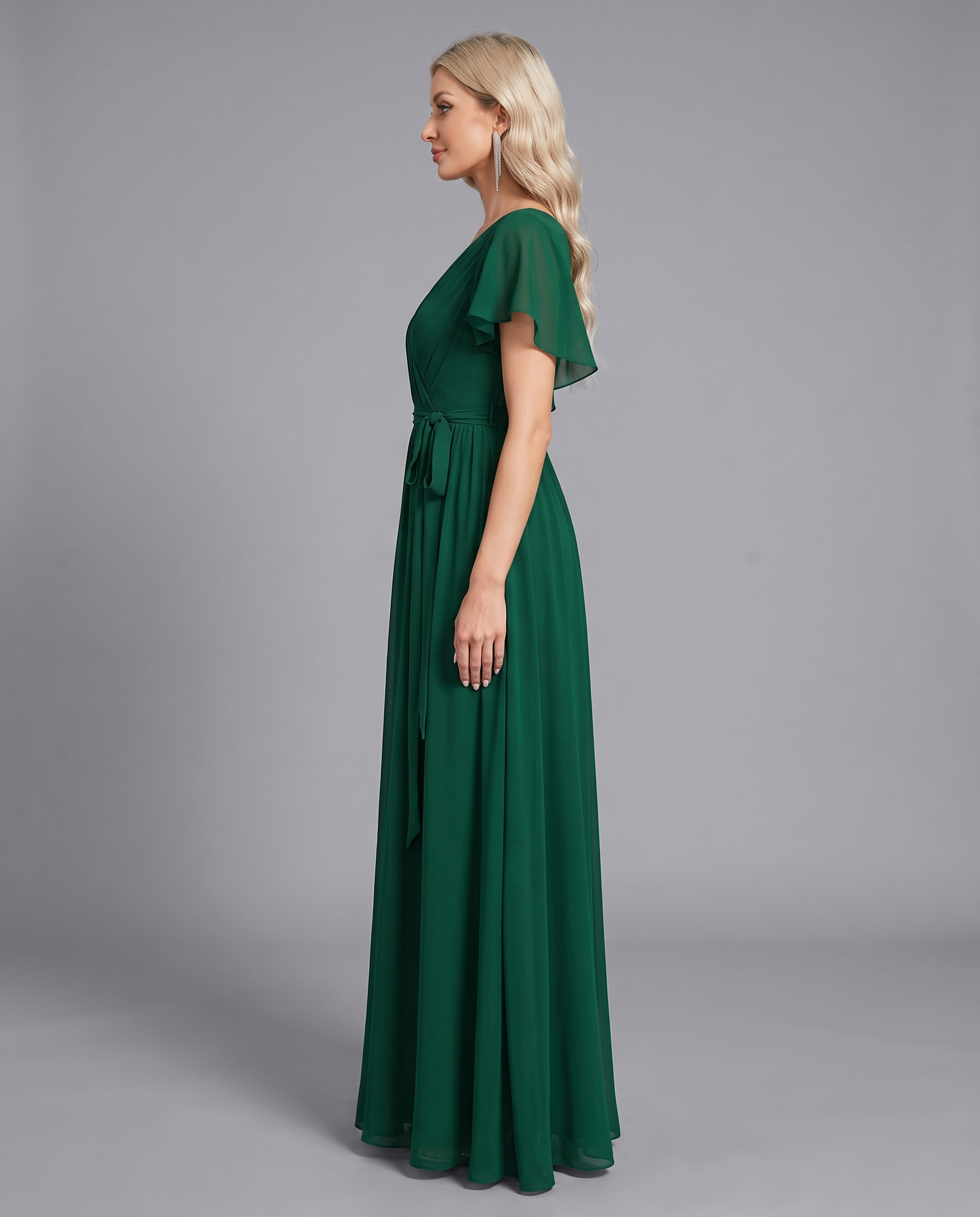 Flutter Sleeve Floor-Length Chiffon Evening Dress