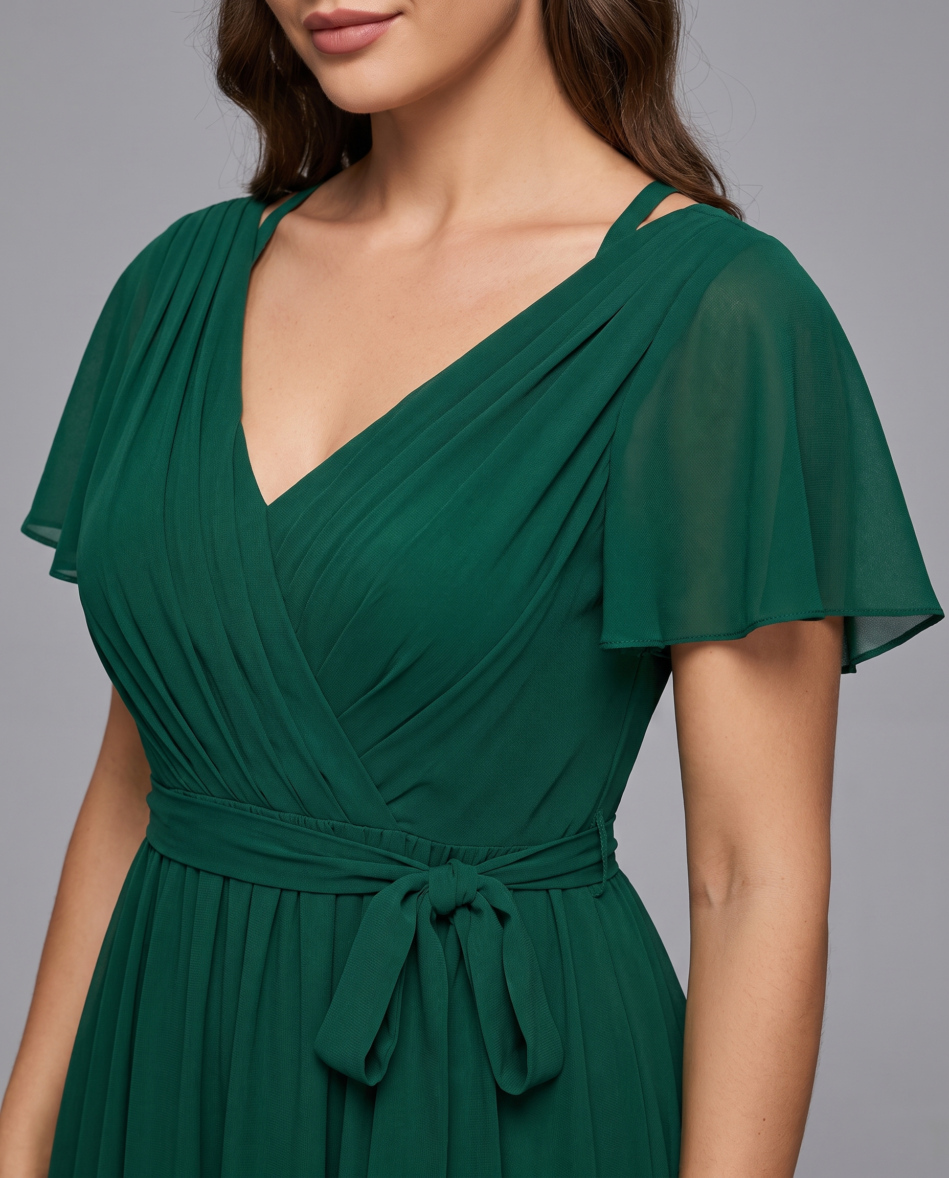 Flutter Sleeve Floor-Length Chiffon Evening Dress