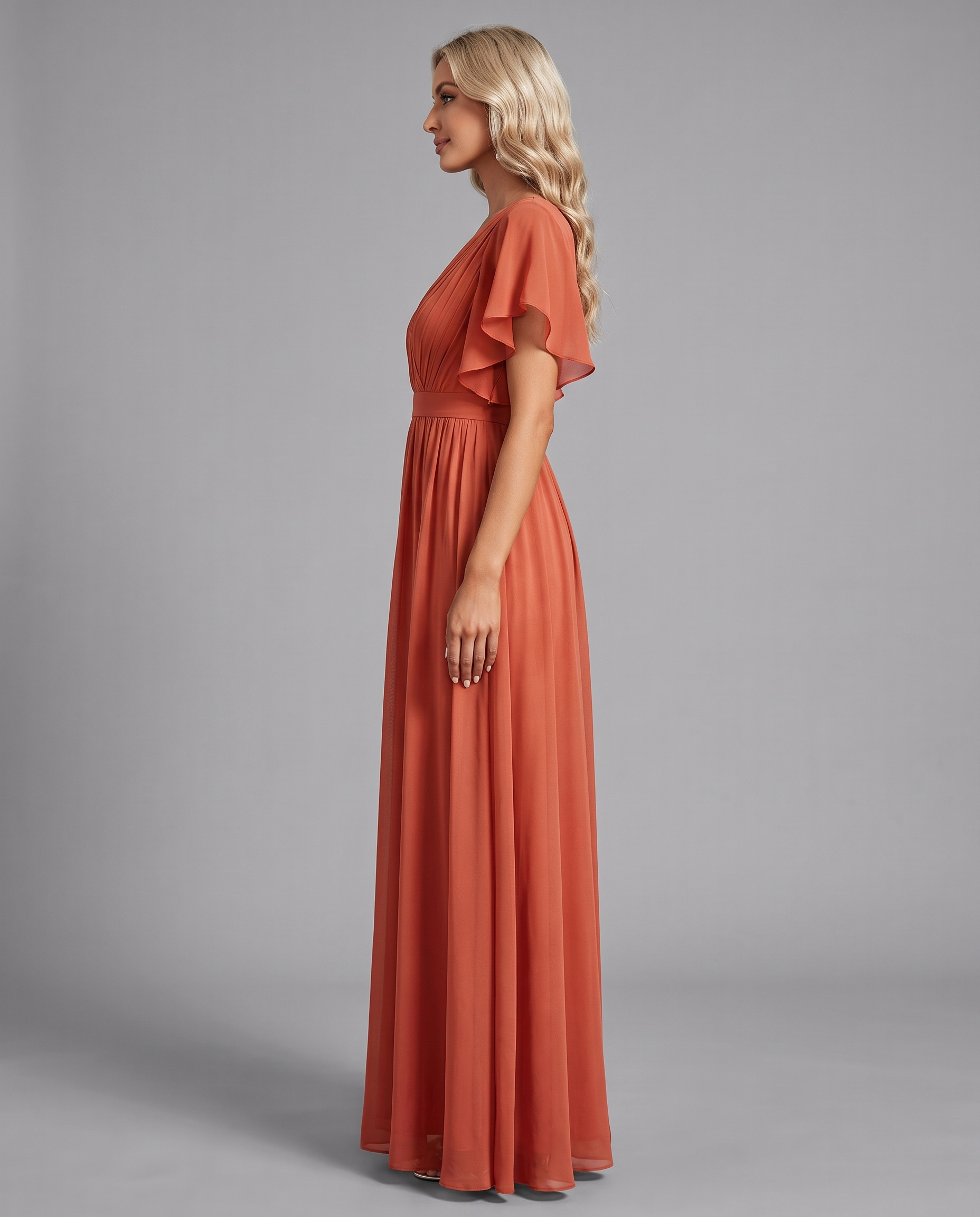 Flutter Sleeve Floor-Length Chiffon Evening Dress