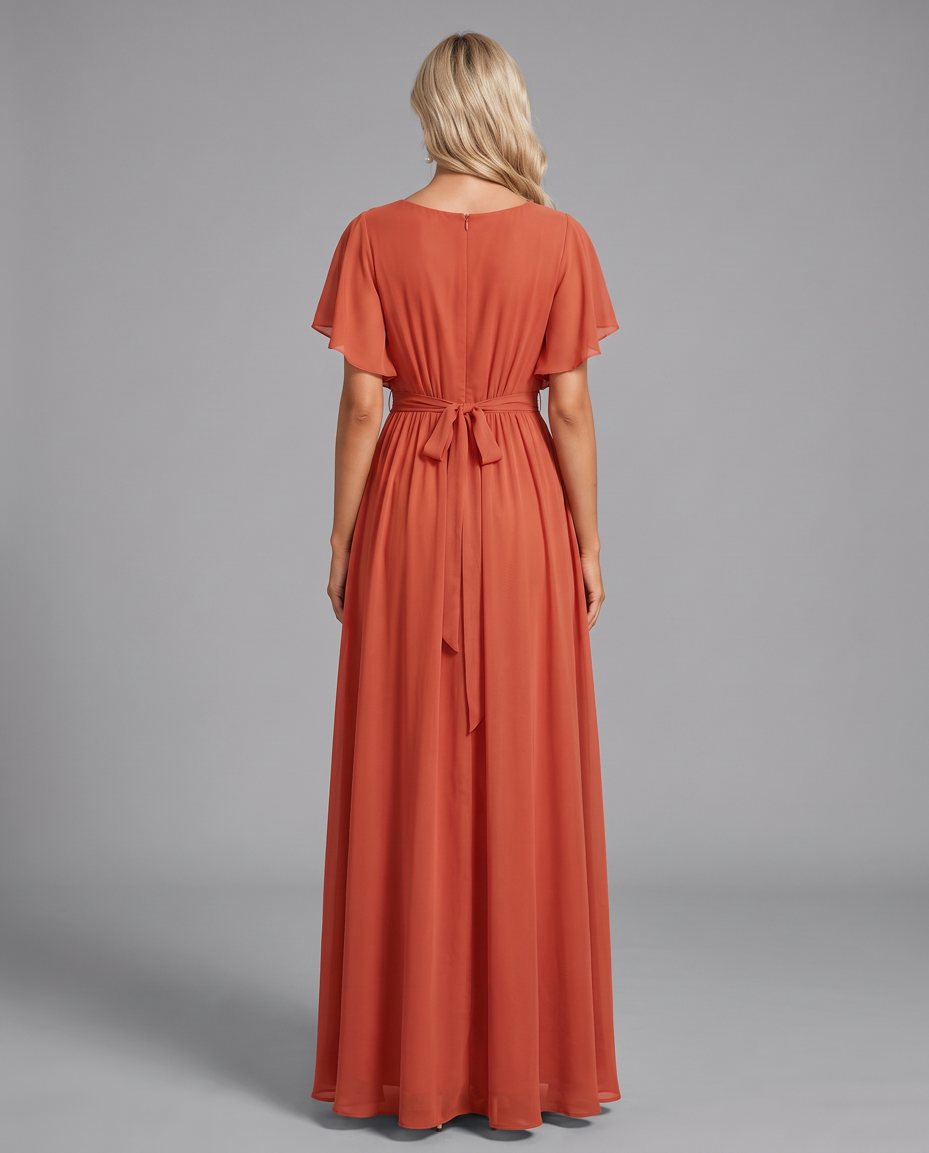 Flutter Sleeve Floor-Length Chiffon Evening Dress