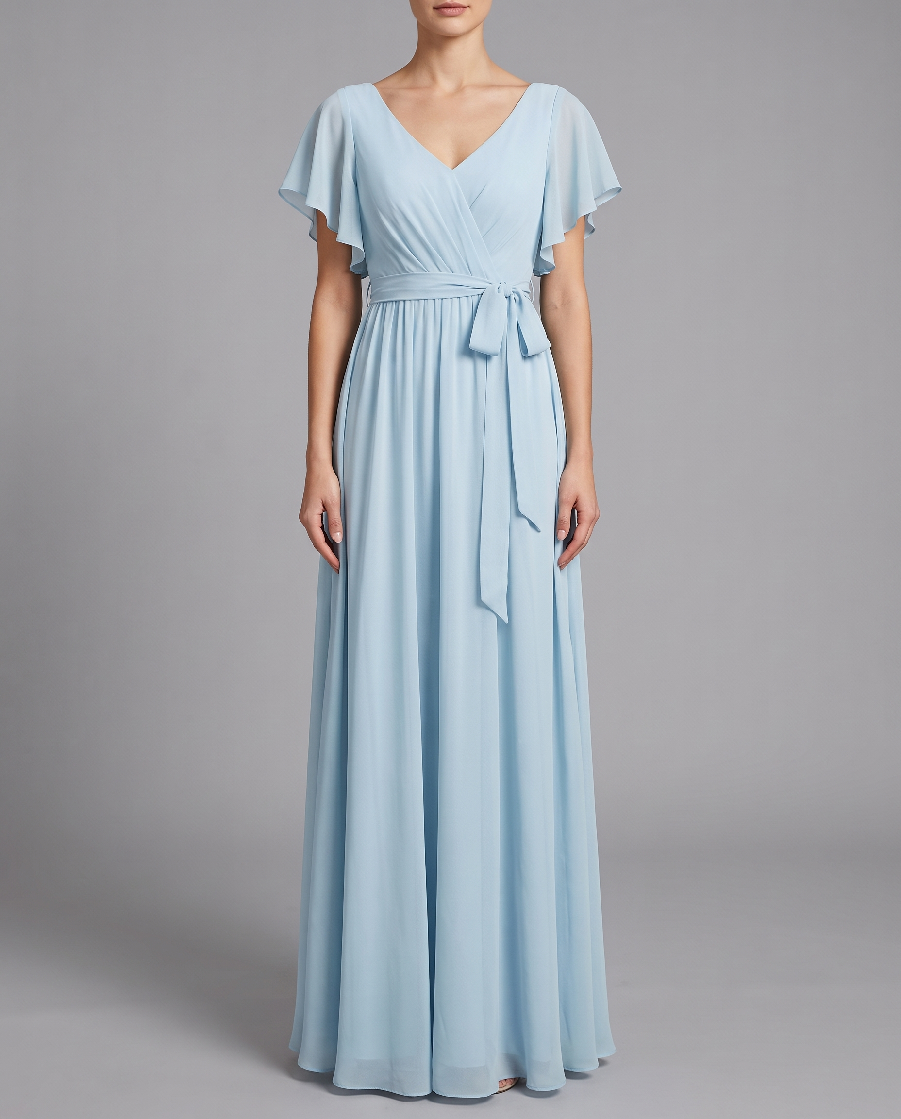 Flutter Sleeve Floor-Length Chiffon Evening Dress