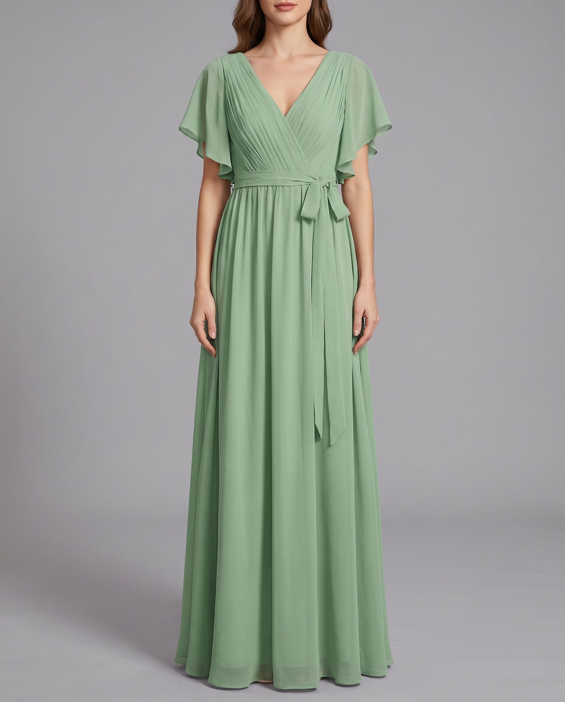 Flutter Sleeve Floor-Length Chiffon Evening Dress