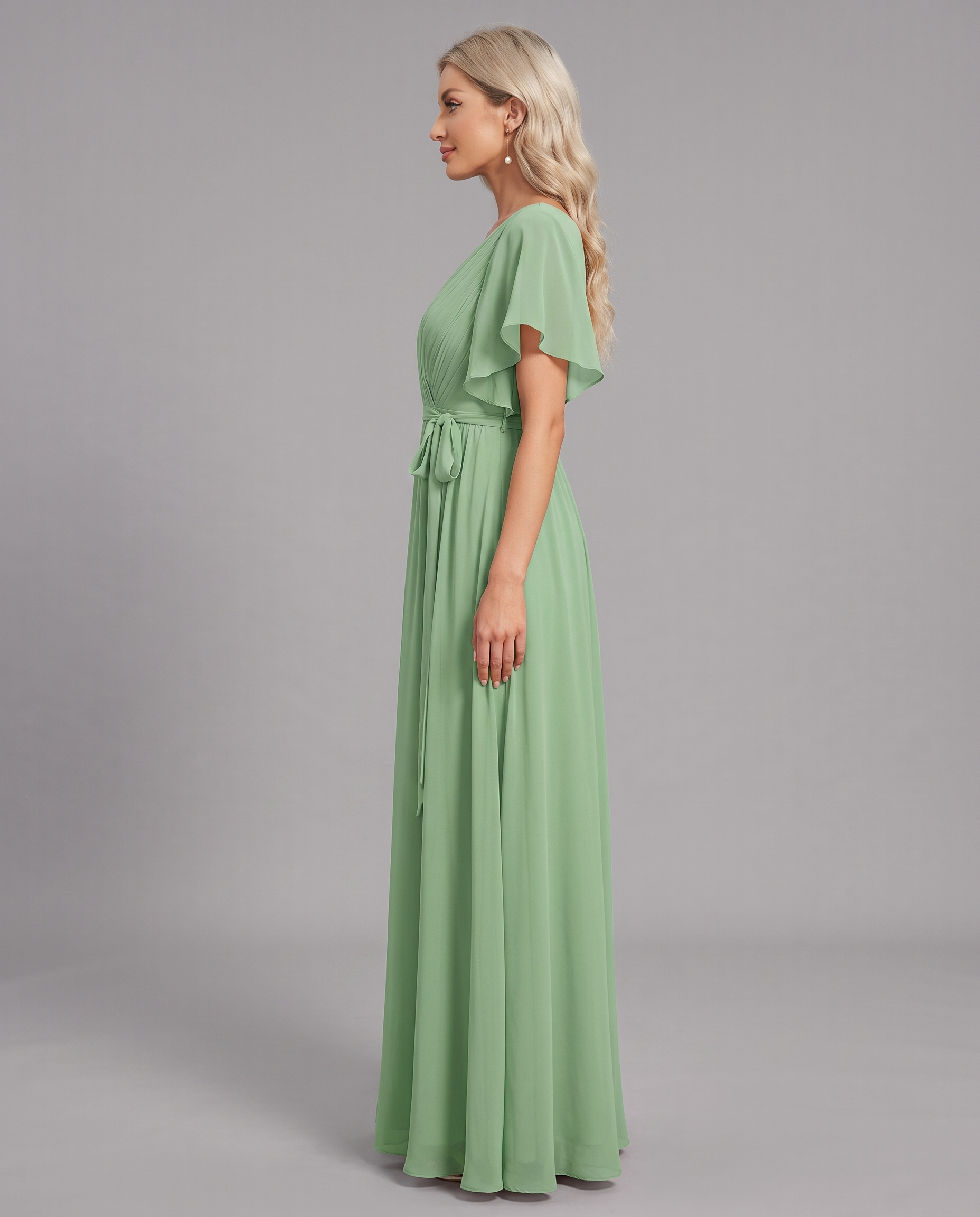 Flutter Sleeve Floor-Length Chiffon Evening Dress