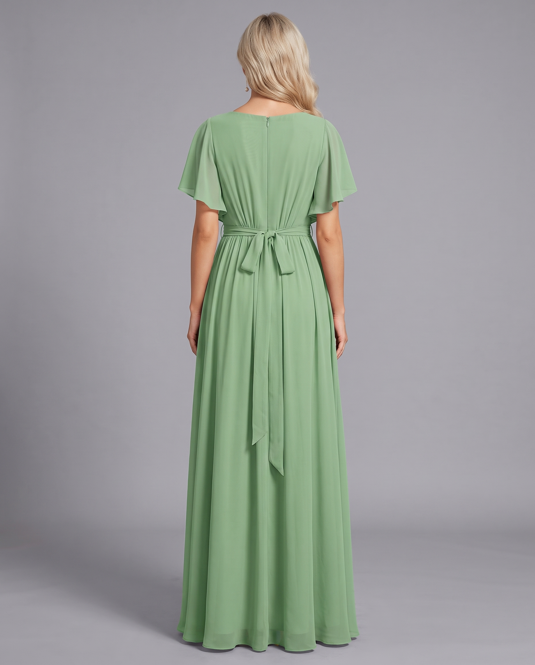 Flutter Sleeve Floor-Length Chiffon Evening Dress