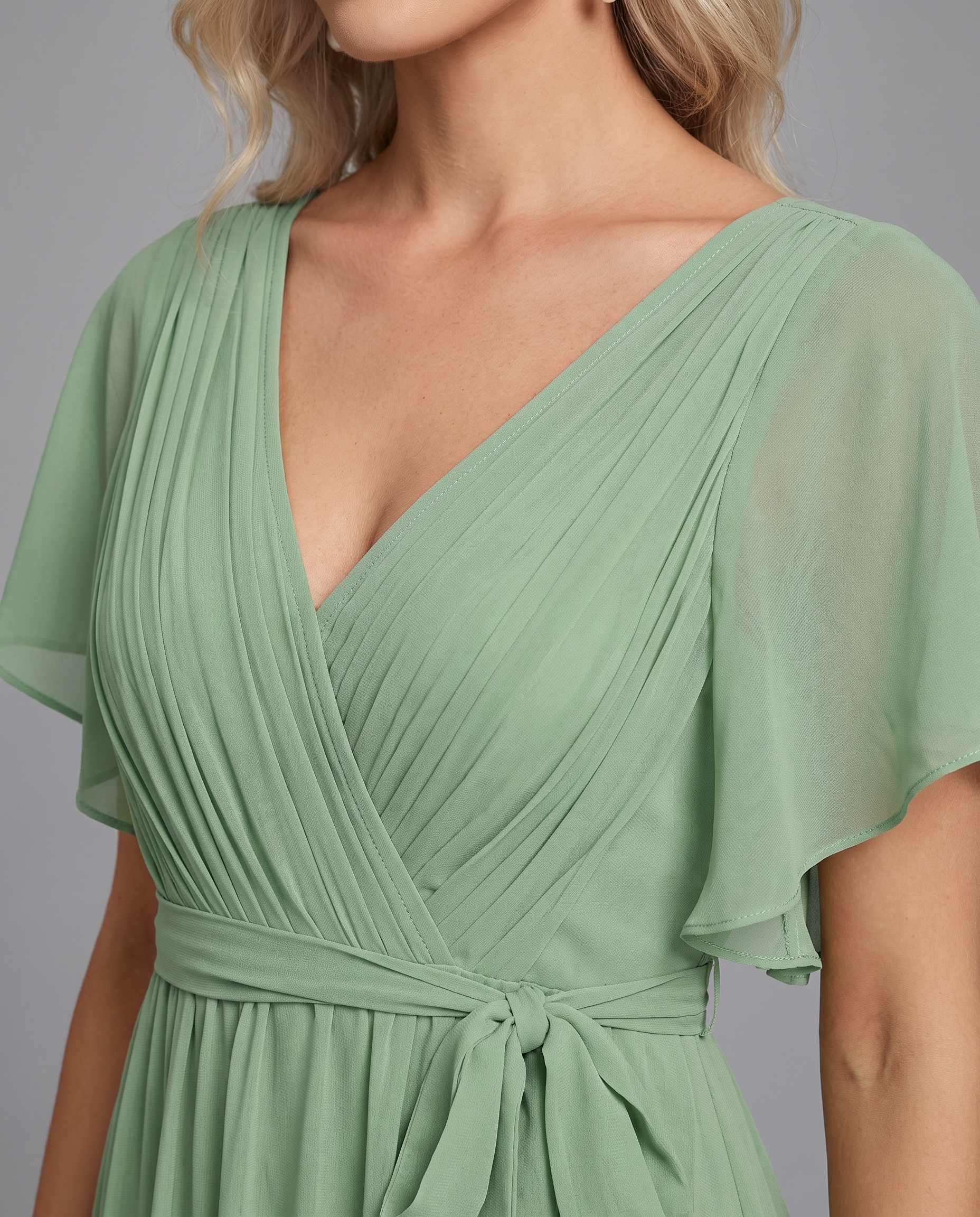 Flutter Sleeve Floor-Length Chiffon Evening Dress