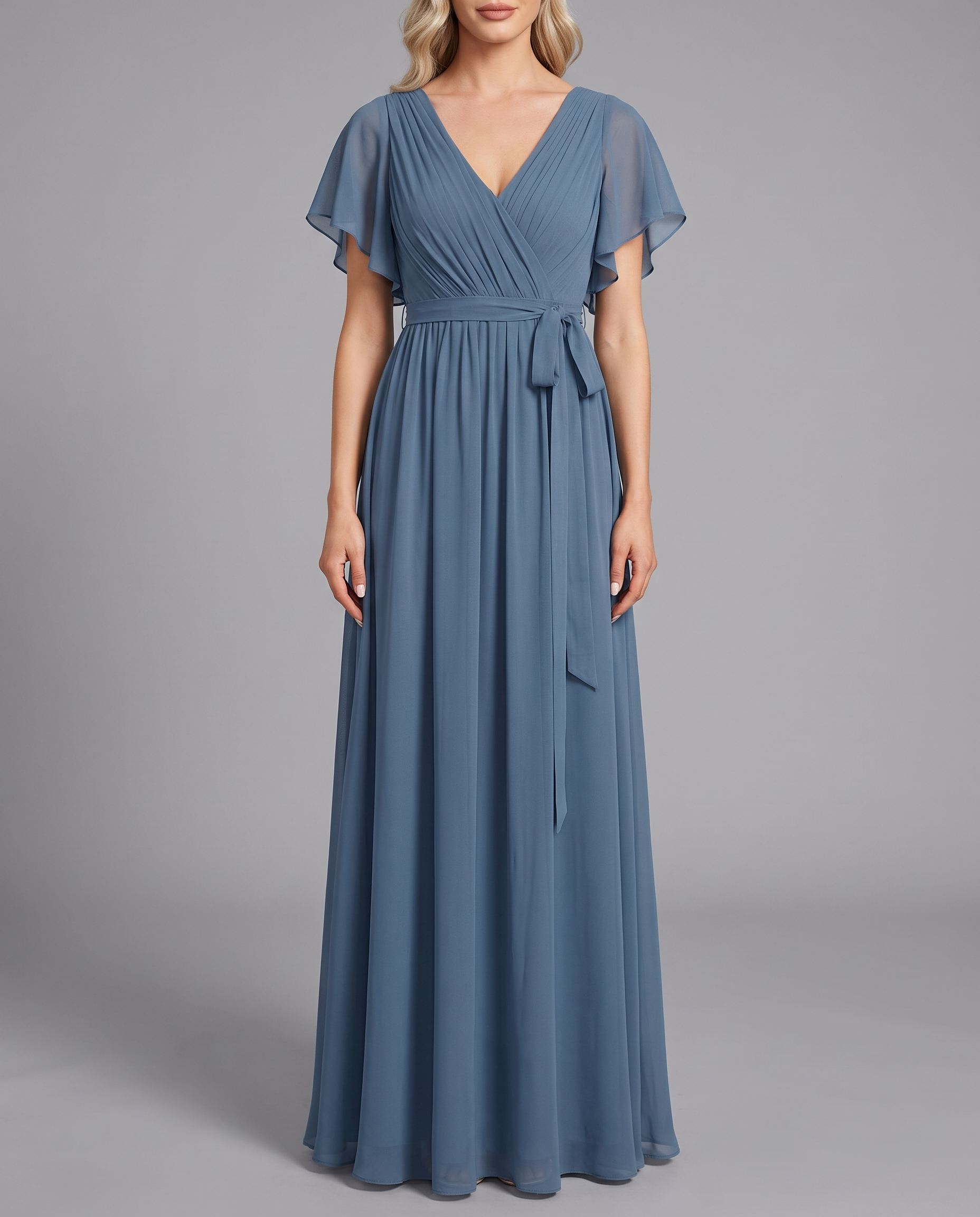 Flutter Sleeve Floor-Length Chiffon Evening Dress