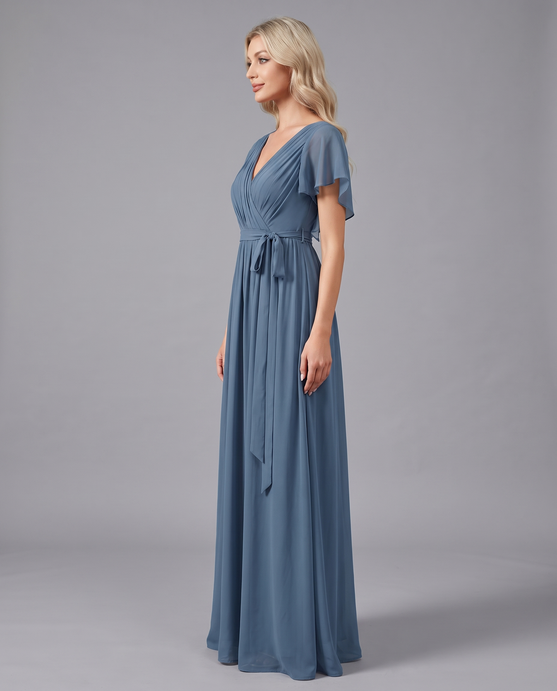 Flutter Sleeve Floor-Length Chiffon Evening Dress