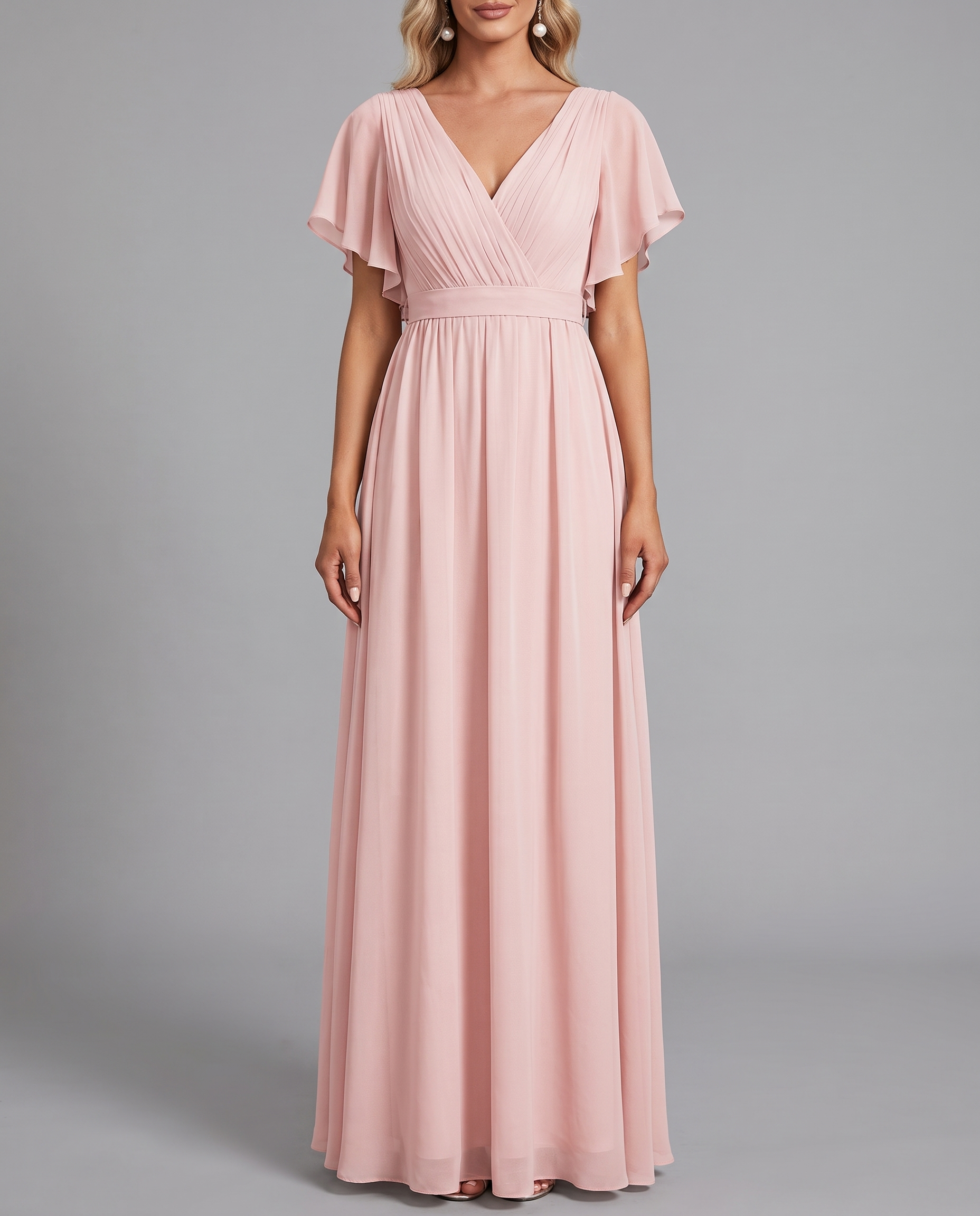 Flutter Sleeve Floor-Length Chiffon Evening Dress