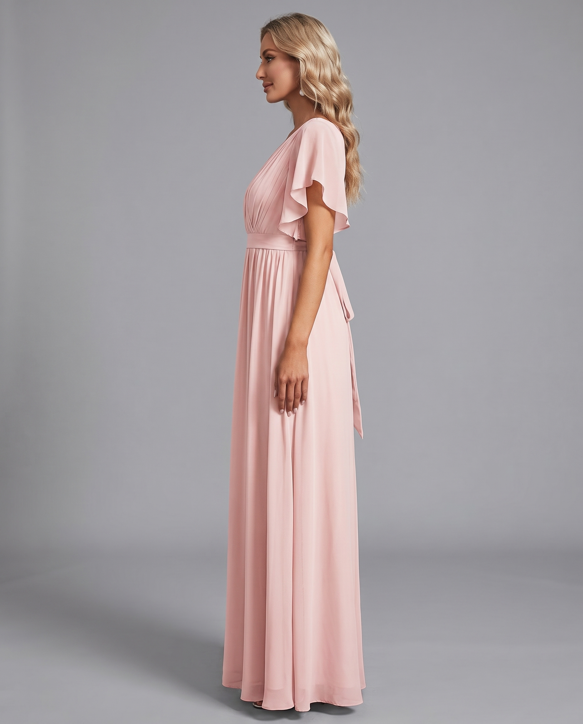 Flutter Sleeve Floor-Length Chiffon Evening Dress