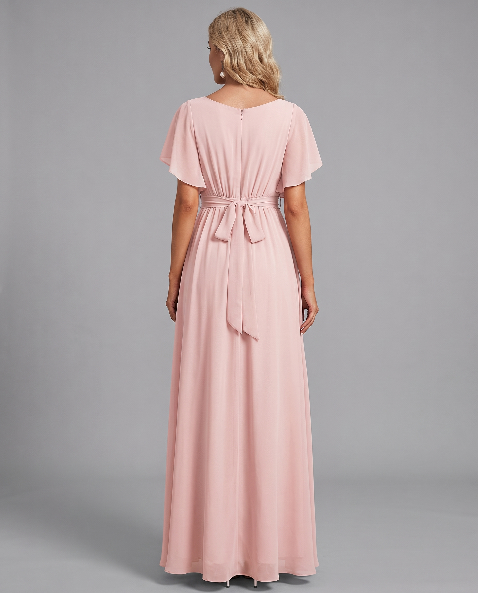 Flutter Sleeve Floor-Length Chiffon Evening Dress