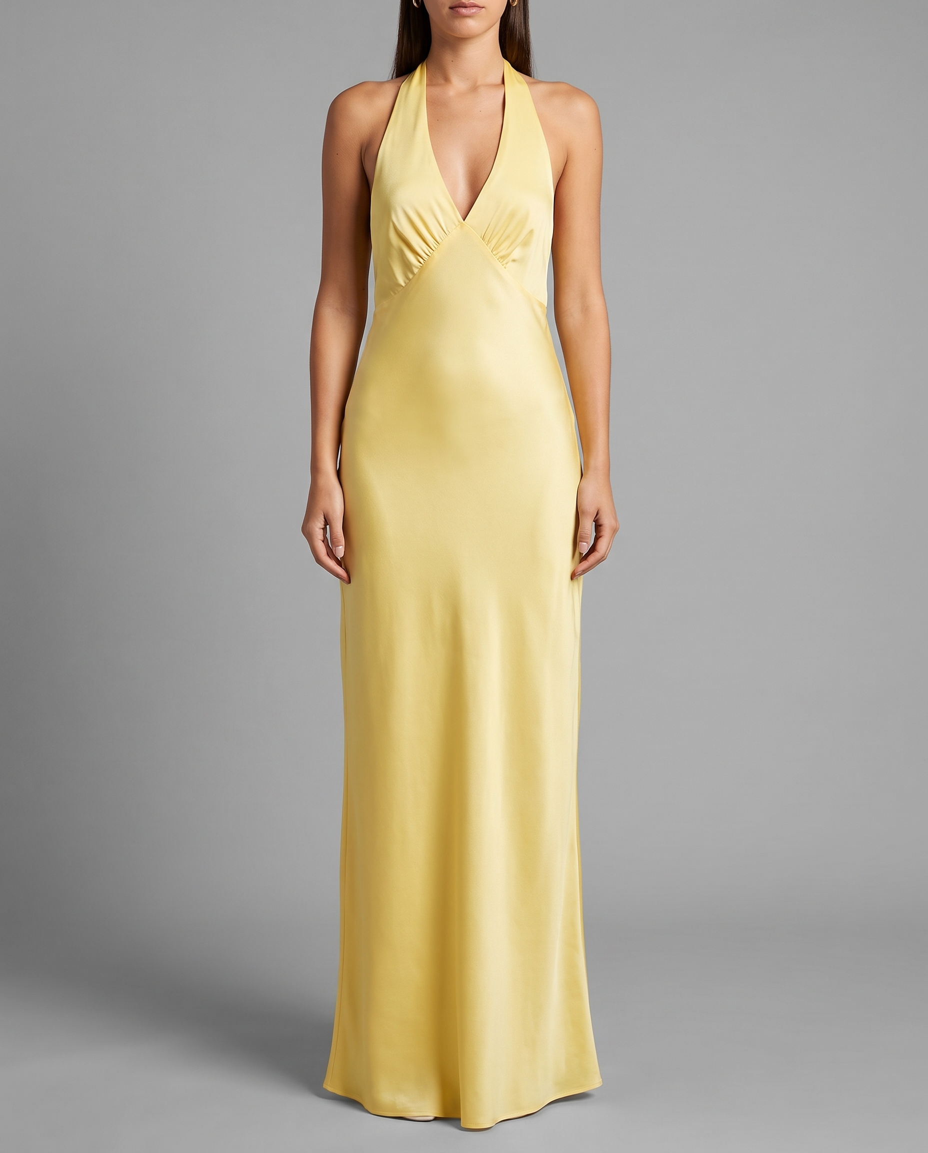 Lemon Satin Halterneck Maxi Dress