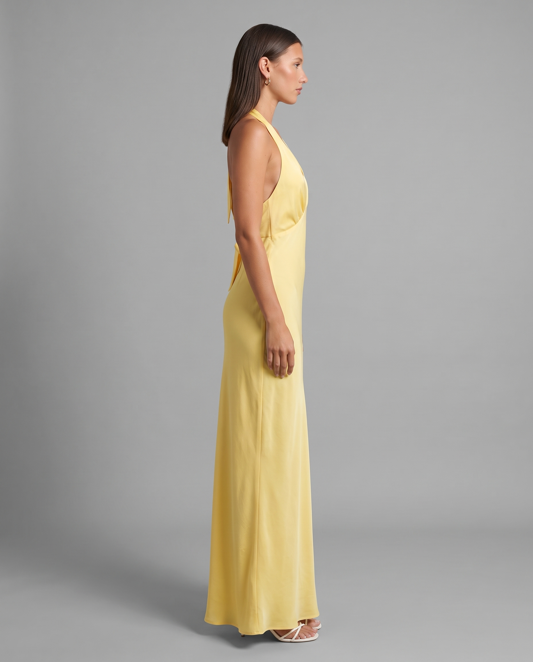 Lemon Satin Halterneck Maxi Dress