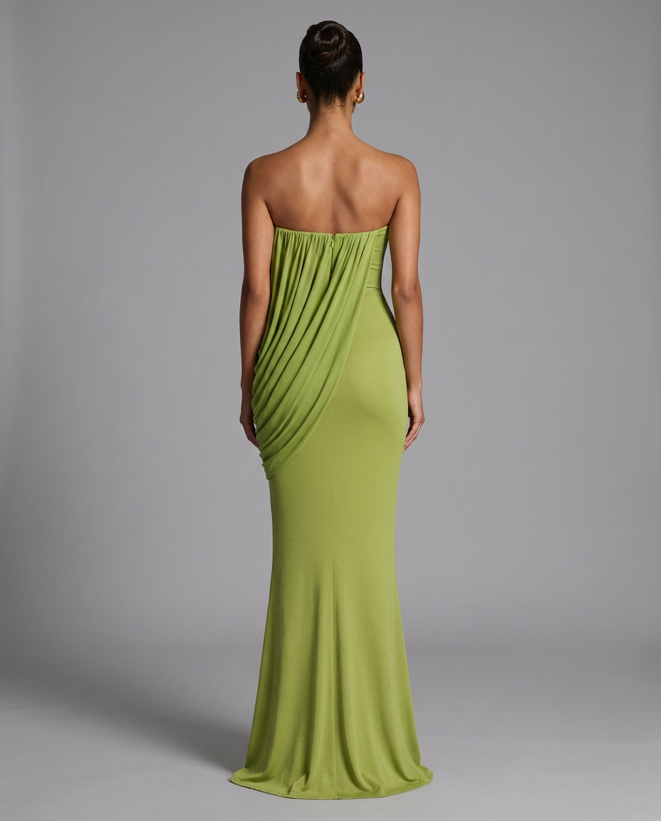 Olive Strapless Draped Maxi Dress