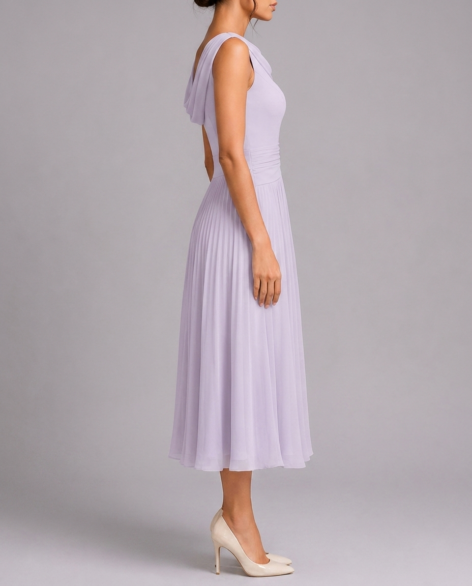 Elegant Pleated Midi Dress with Draped Neckline
