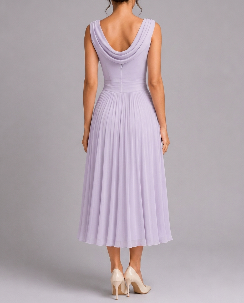 Elegant Pleated Midi Dress with Draped Neckline