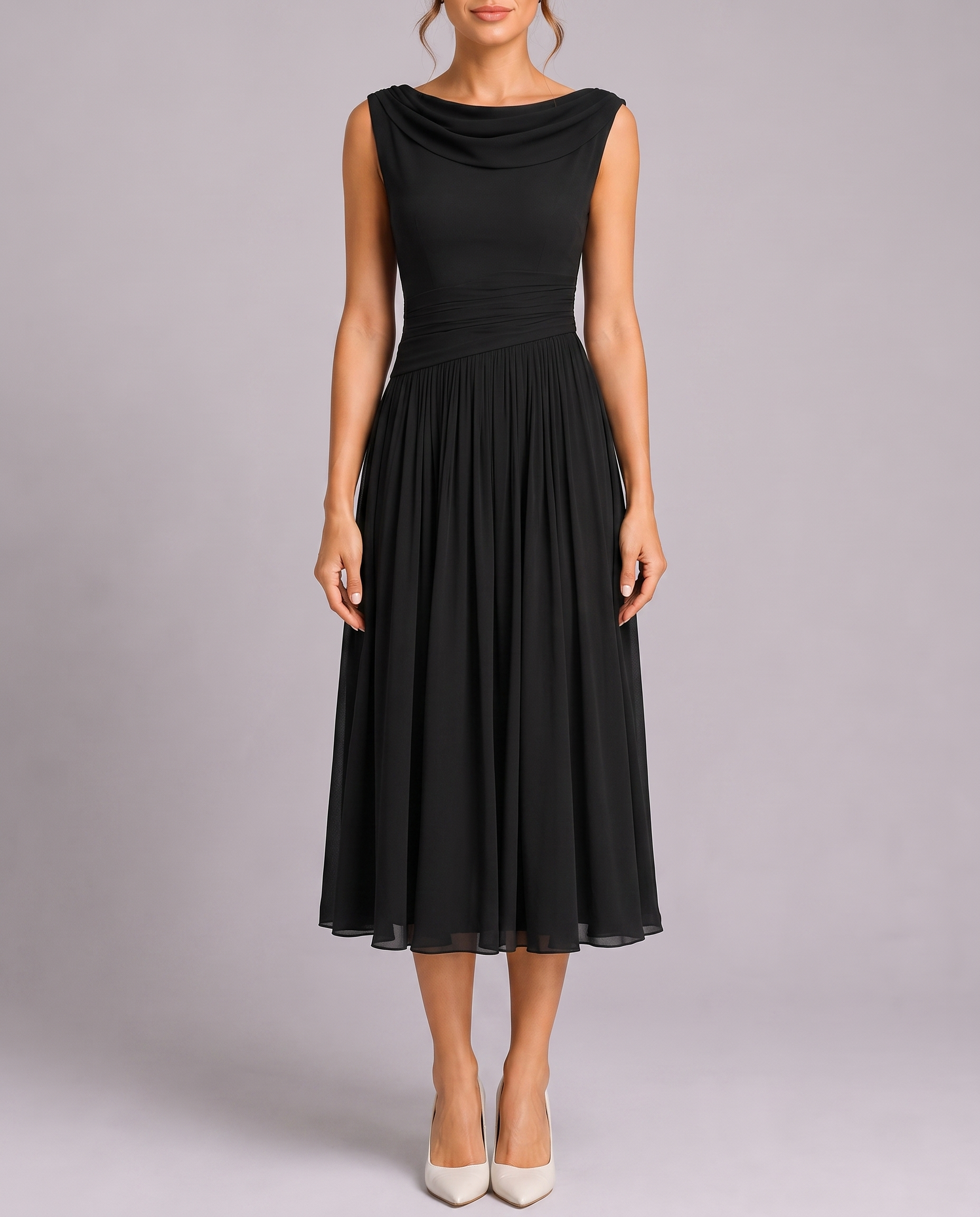Elegant Pleated Midi Dress with Draped Neckline