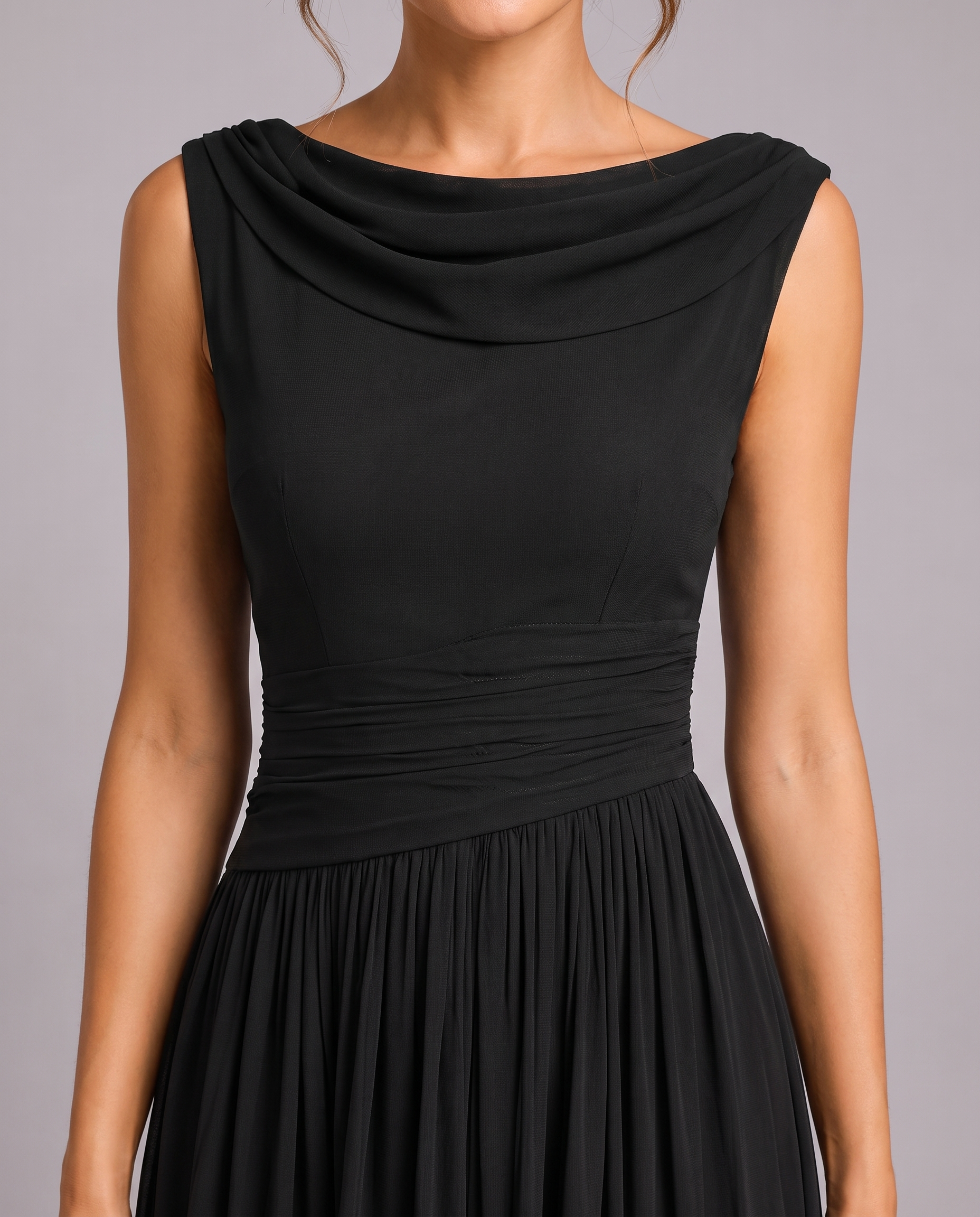 Elegant Pleated Midi Dress with Draped Neckline