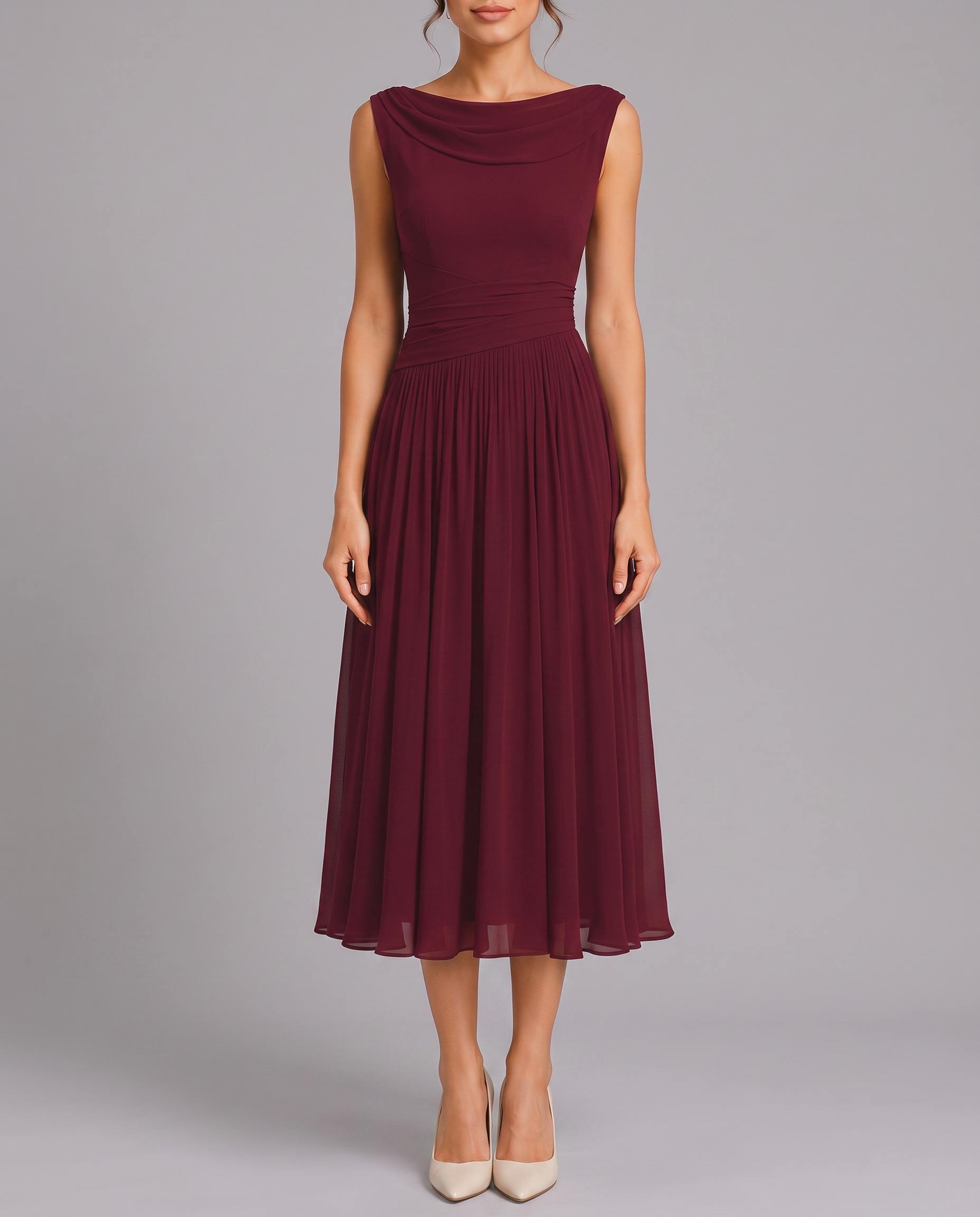 Elegant Pleated Midi Dress with Draped Neckline