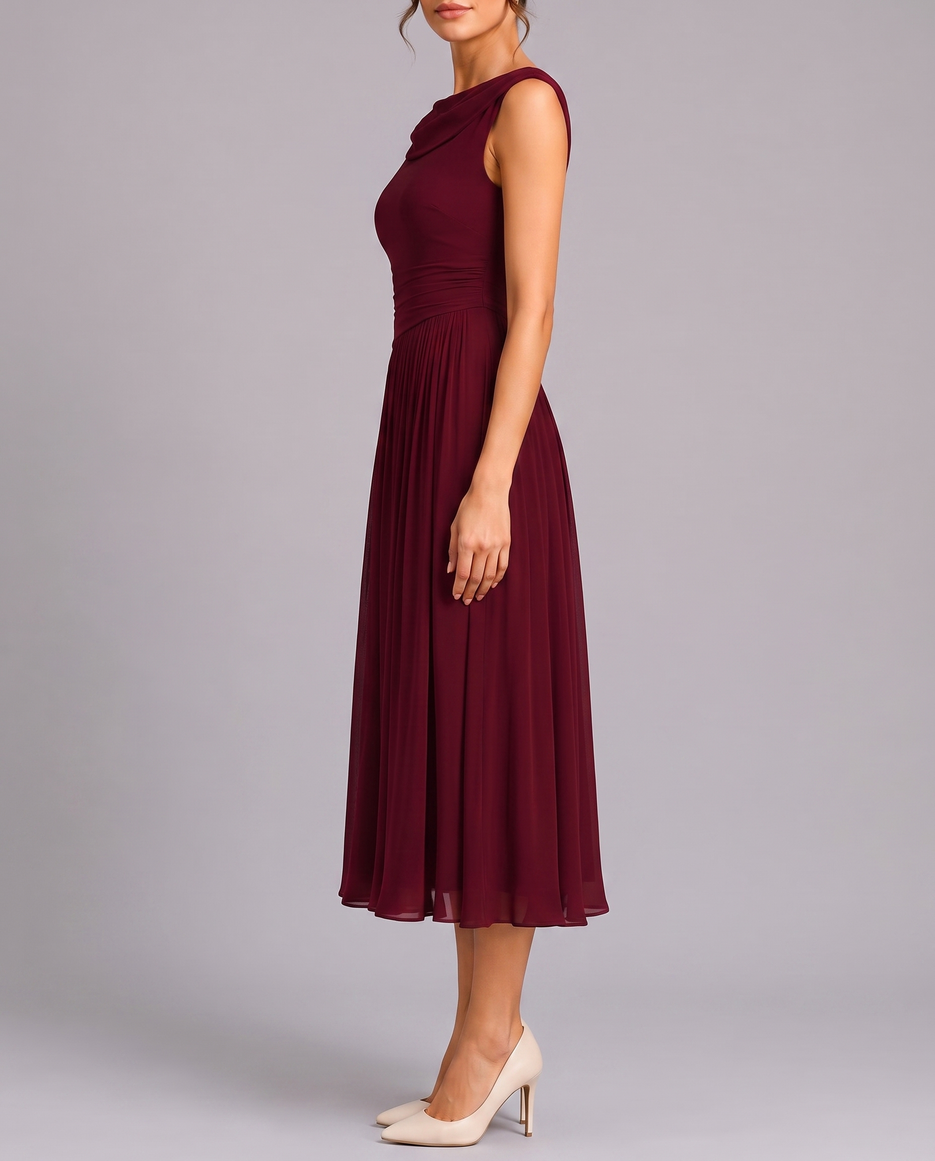 Elegant Pleated Midi Dress with Draped Neckline