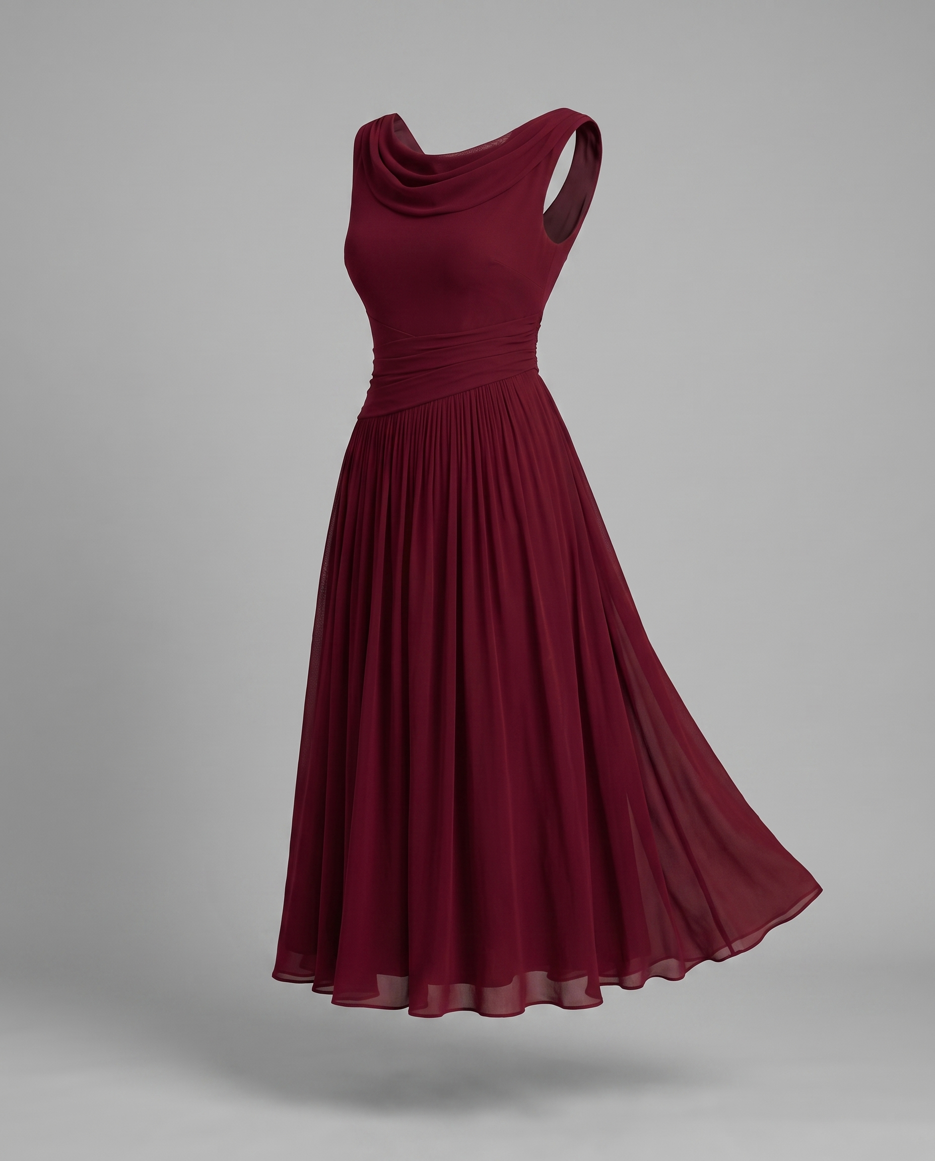 Elegant Pleated Midi Dress with Draped Neckline